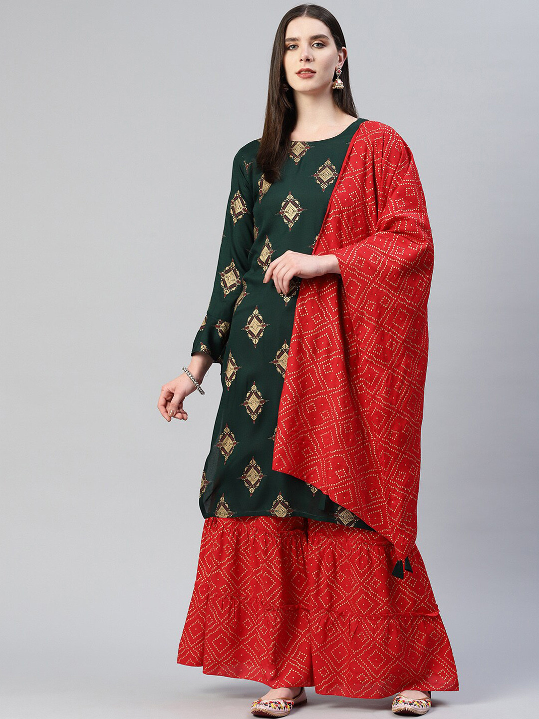 

OMASK Bell Sleeves Ethnic Motifs Printed Kurta with Sharara & Dupatta, Green