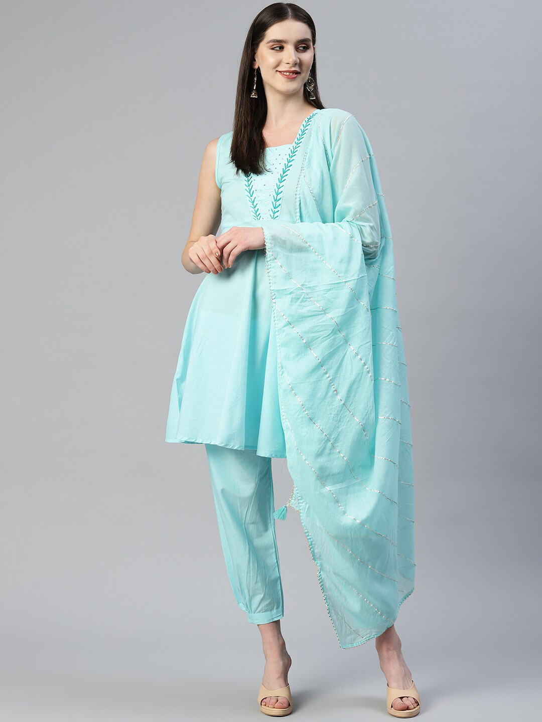

OMASK Sequined Pure Cotton Kurta with Trousers & Dupatta, Turquoise blue