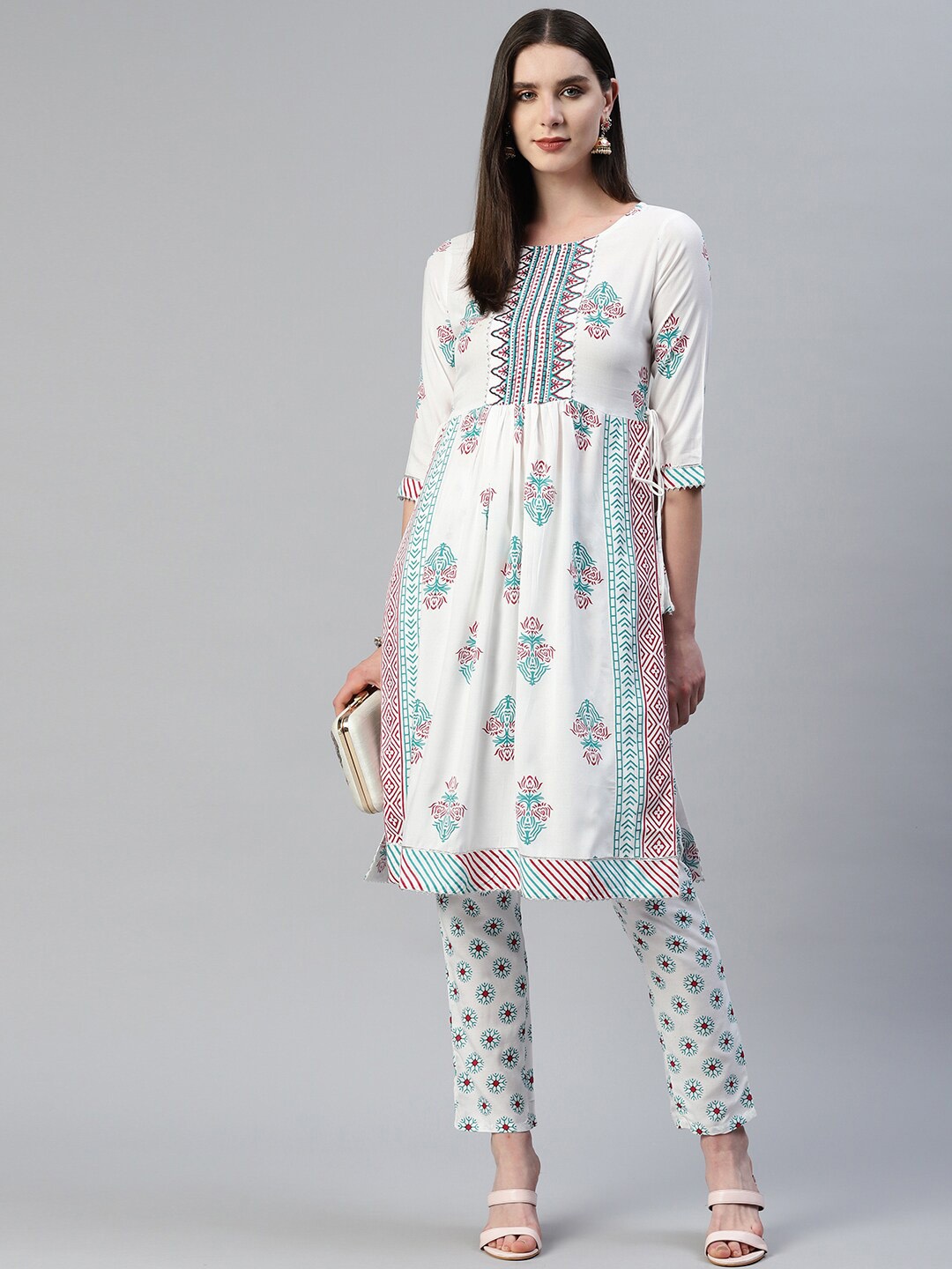 

OMASK Ethnic Motifs Printed Gotta Patti Kurta with Trousers, White