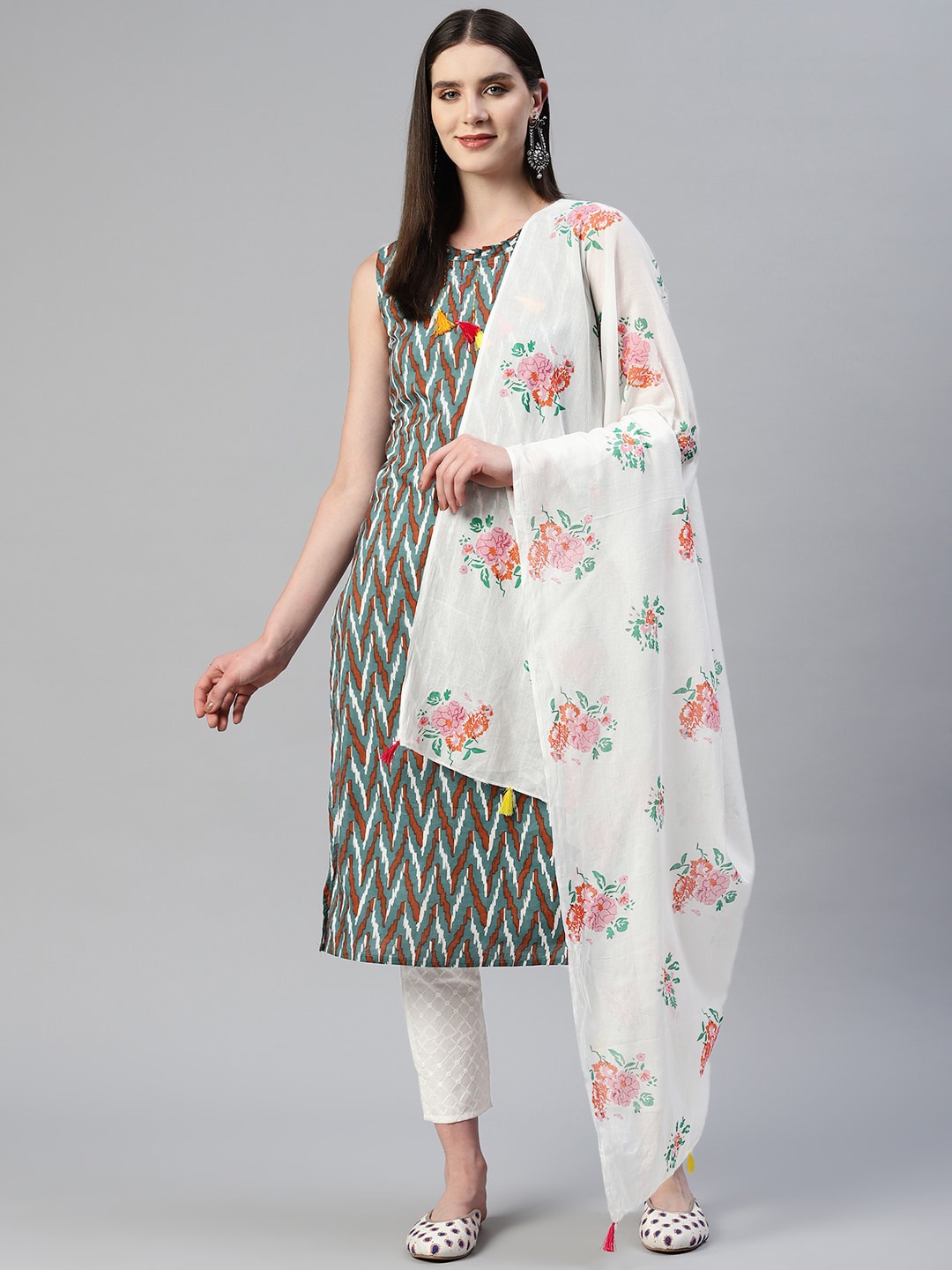 

OMASK Chevron Printed Pure Cotton Kurta with Trousers & Dupatta, Teal