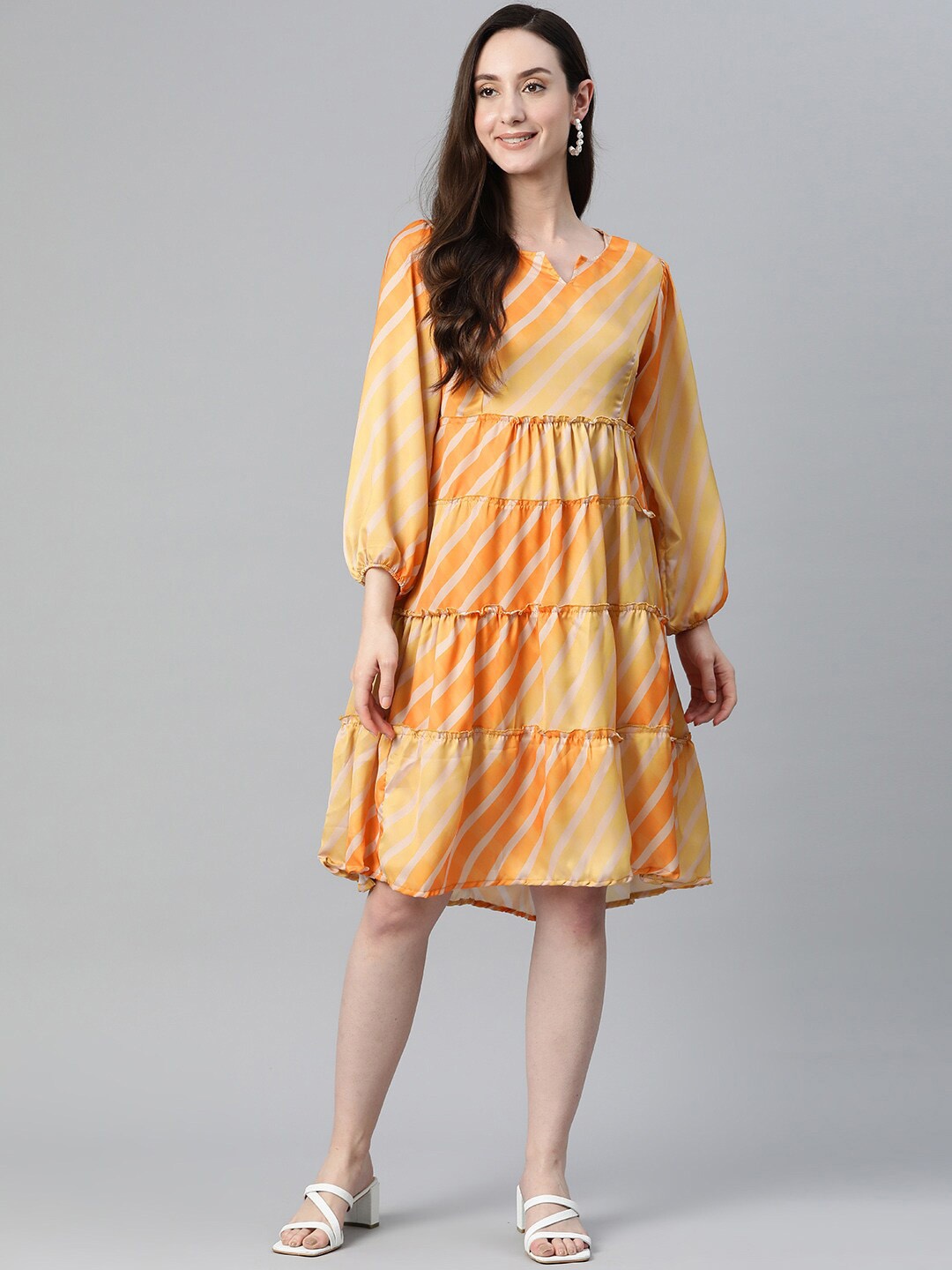 

OMASK Striped Tiered Modal Fit And Flare Dress, Mustard