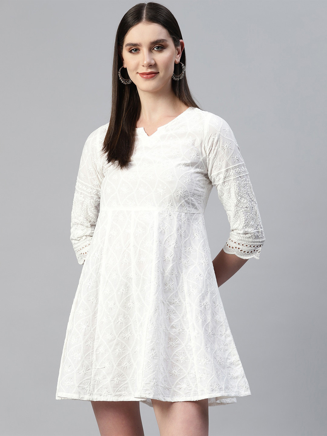 

OMASK V-Neck Self Design Fit & Flare Dress, White