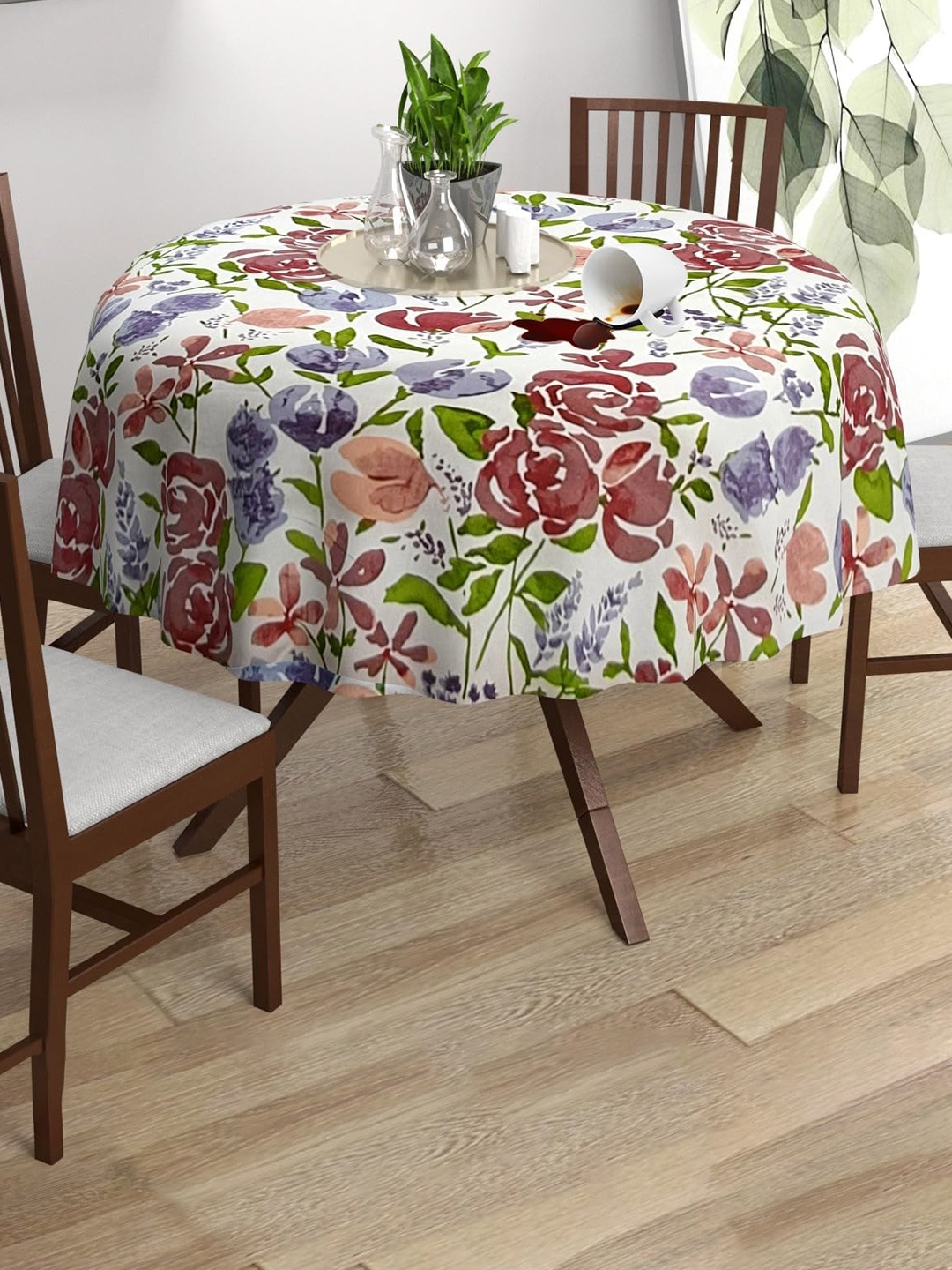 

Trance Home Linen Floral Printed Circular Shaped Cotton Table Cloth, White