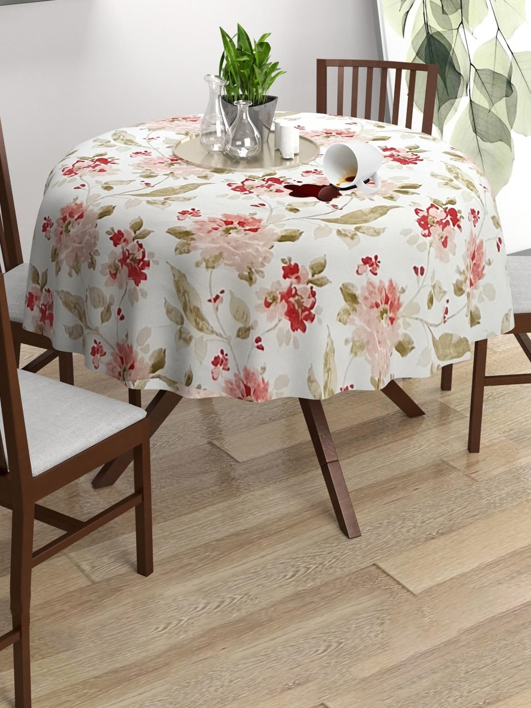 

Trance Home Linen Pink & White Floral Printed 4-Seater Cotton Circular Table Cloth