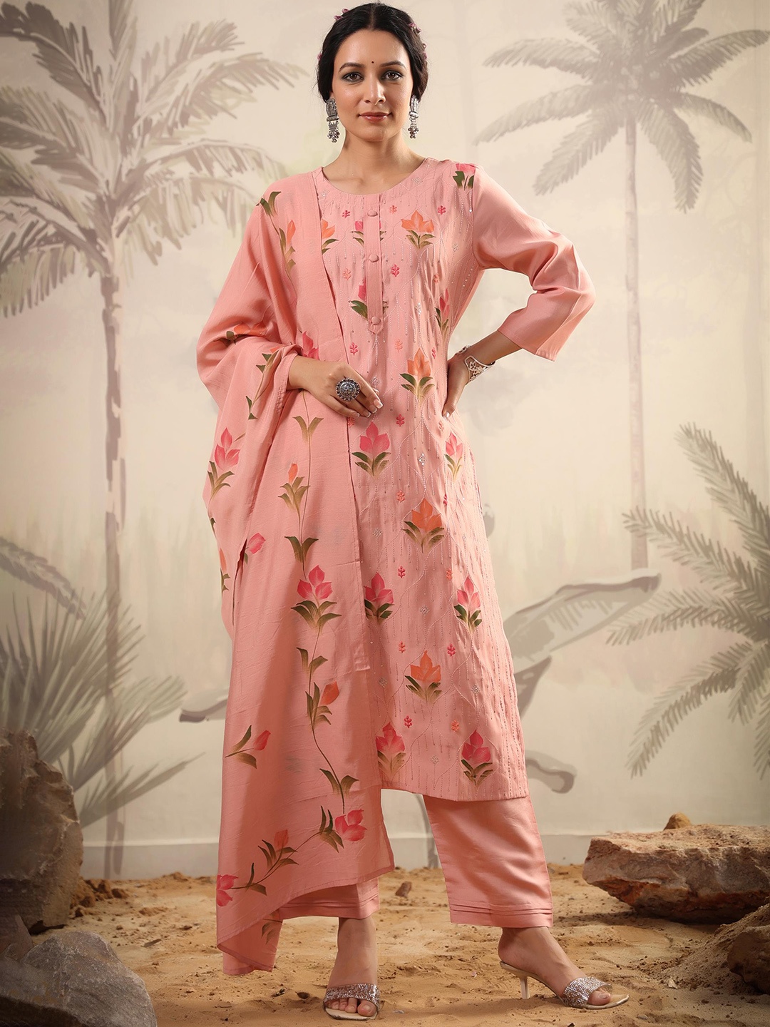 

SCAKHI Floral Printed Regular Sequinned Kurta with Trousers & With Dupatta, Peach