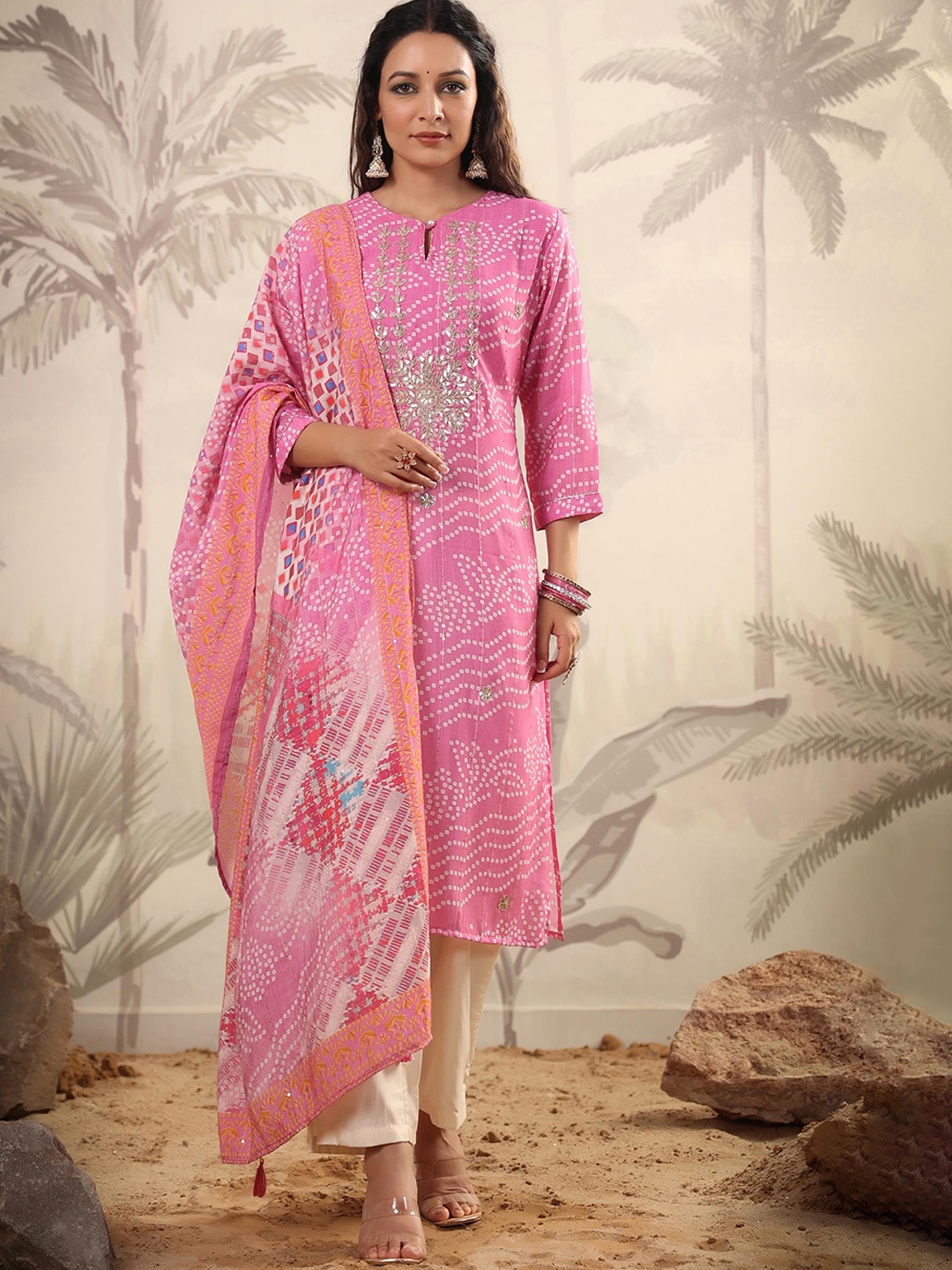 

SCAKHI Bandhani Printed Gotta Patti Kurta with Trousers & Dupatta, Pink