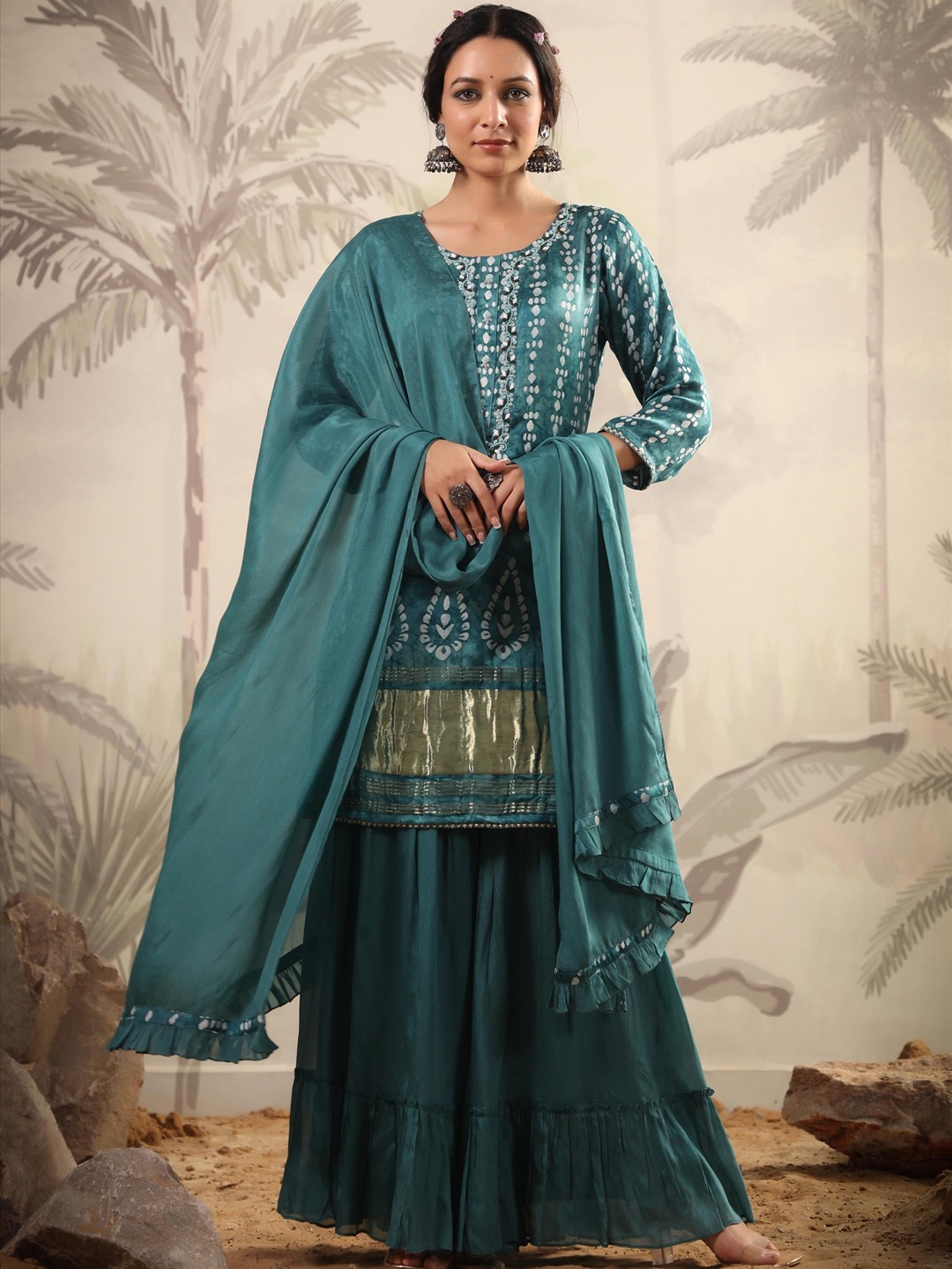 

SCAKHI Ethnic Motifs Printed Beads and Stones Pure Silk Kurti with Sharara & With Dupatta, Teal