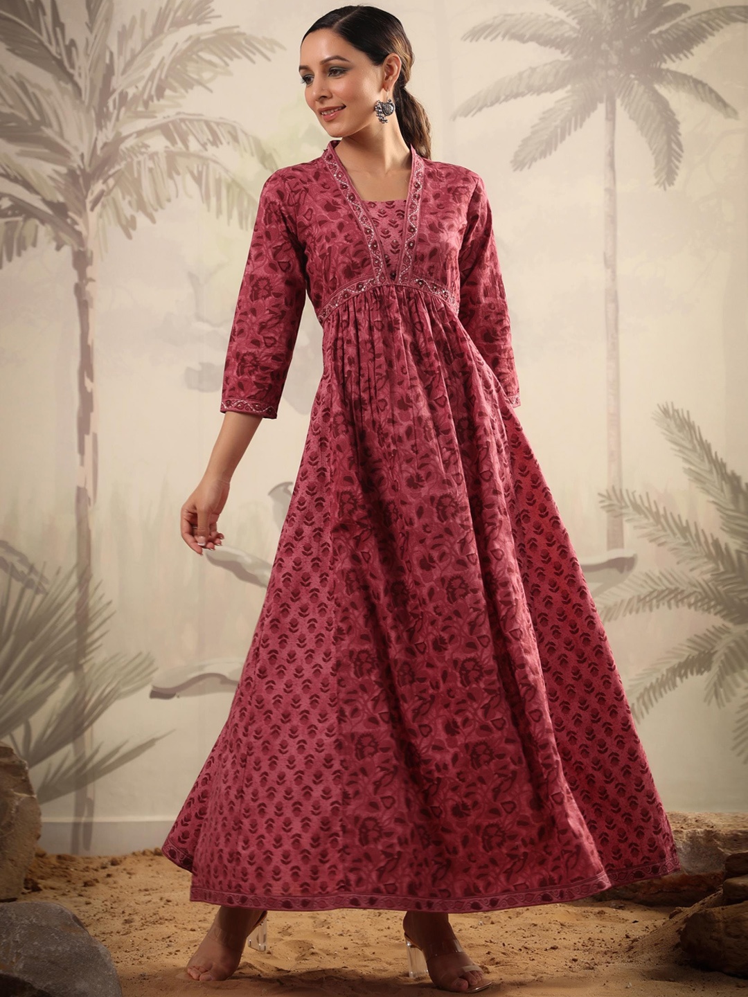 

SCAKHI Floral Printed Sequinned Maxi-Length Cotton Ethnic Dress, Mauve
