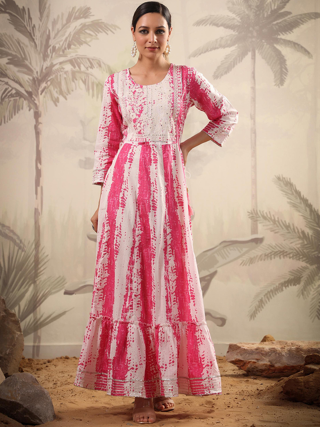 

SCAKHI Women Tie & Dye With Embroidered A-Line Maxi Gown, Pink