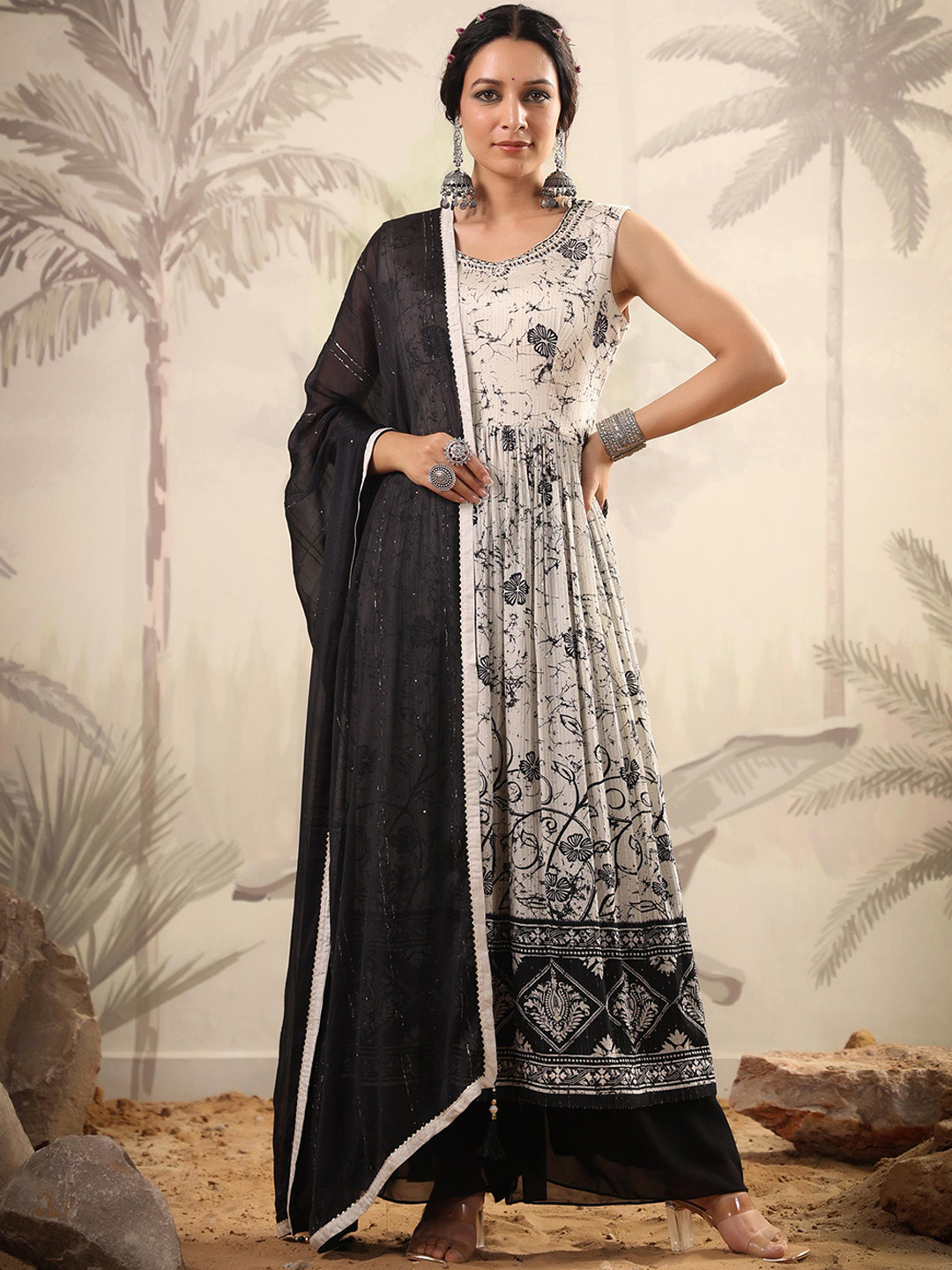 

SCAKHI Floral Printed Gotta Patti High Slit Kurta with Palazzos & Dupatta, White
