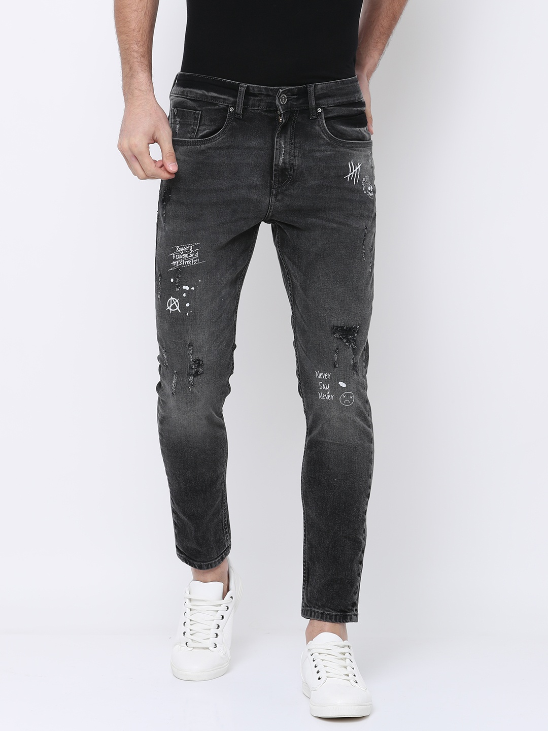 

LOCOMOTIVE Men Charcoal Tapered Fit Mid-Rise Mildly Distressed Stretchable Jeans