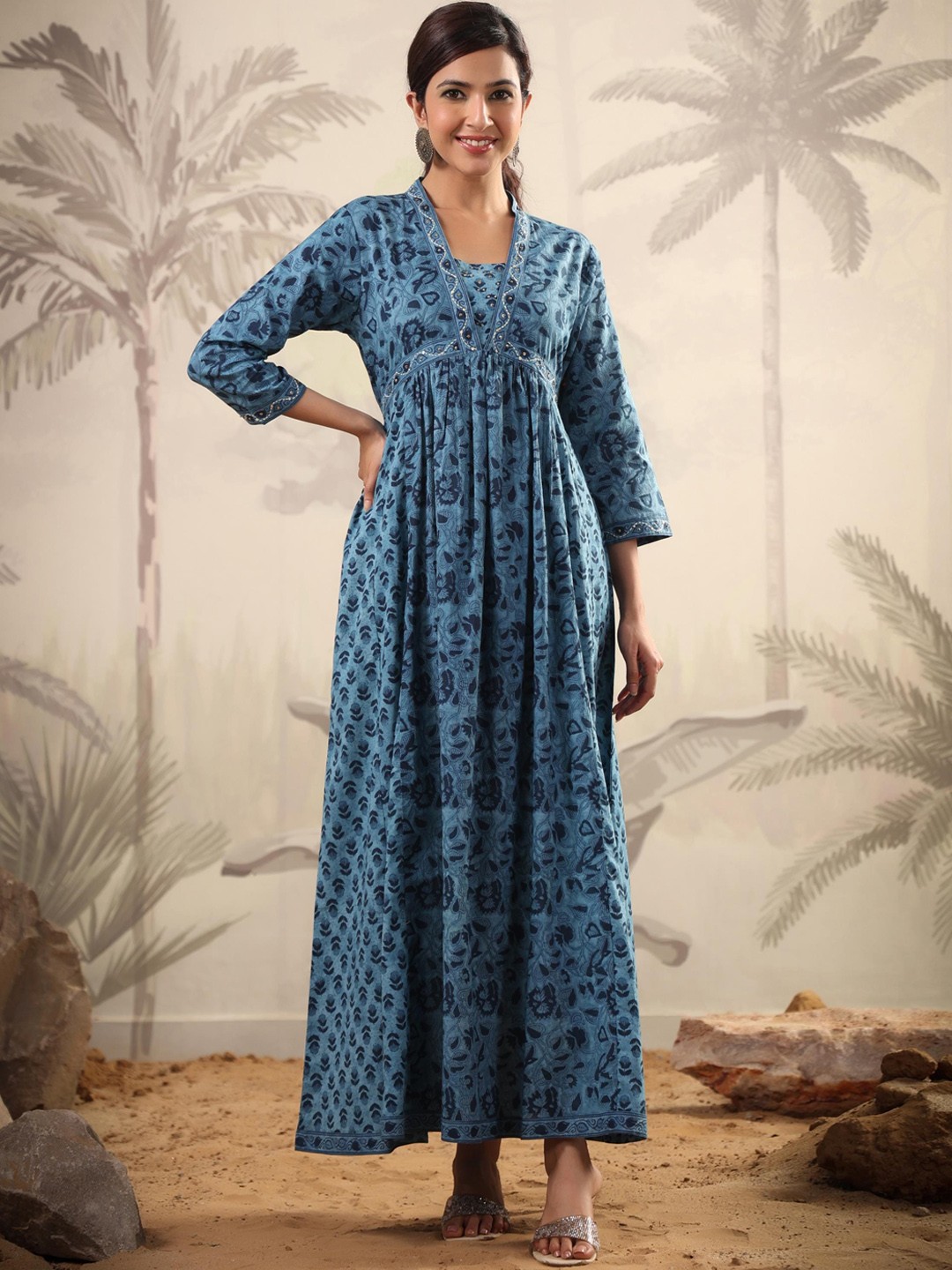 

SCAKHI Printed Sequinned Cotton Panelled Ethnic Dress, Blue