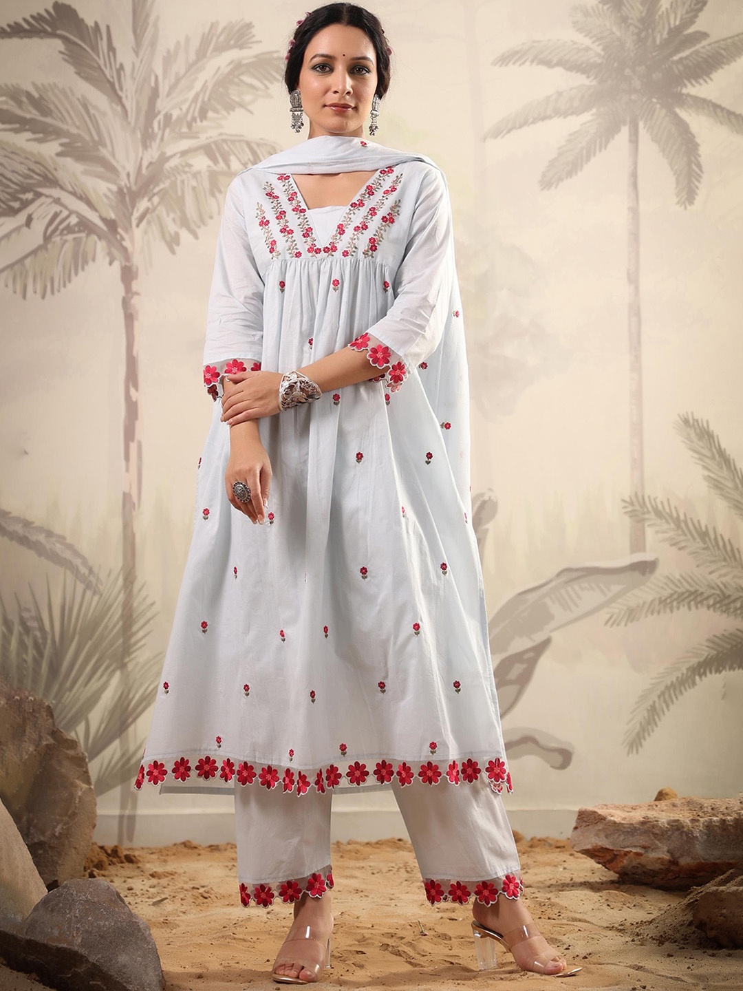 

SCAKHI Floral Embroidered Pure Cotton A-Line Kurta With Trousers & Dupatta, Blue