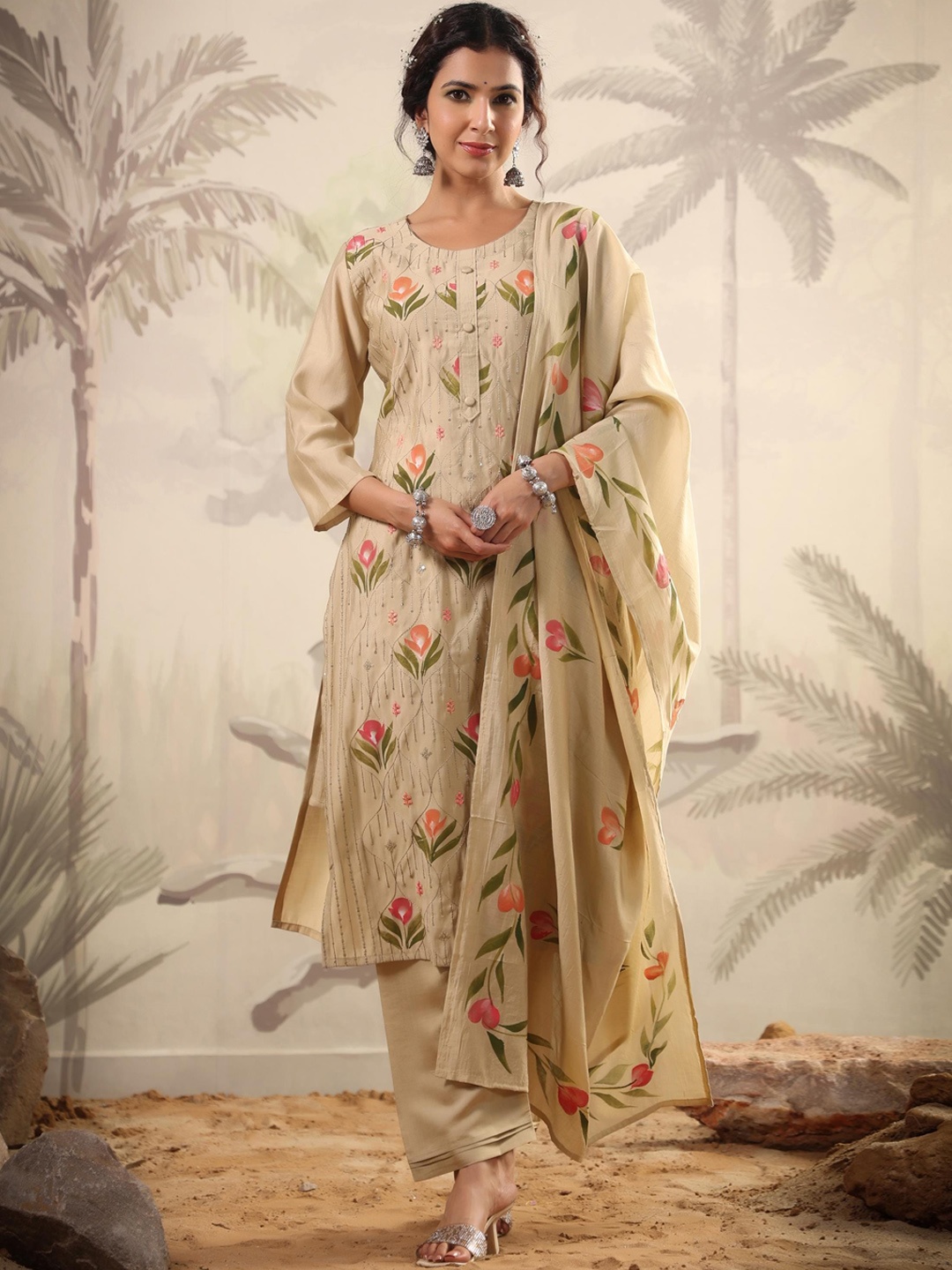 

SCAKHI Floral Printed Regular Sequinned Kurta with Trousers & With Dupatta, Tan