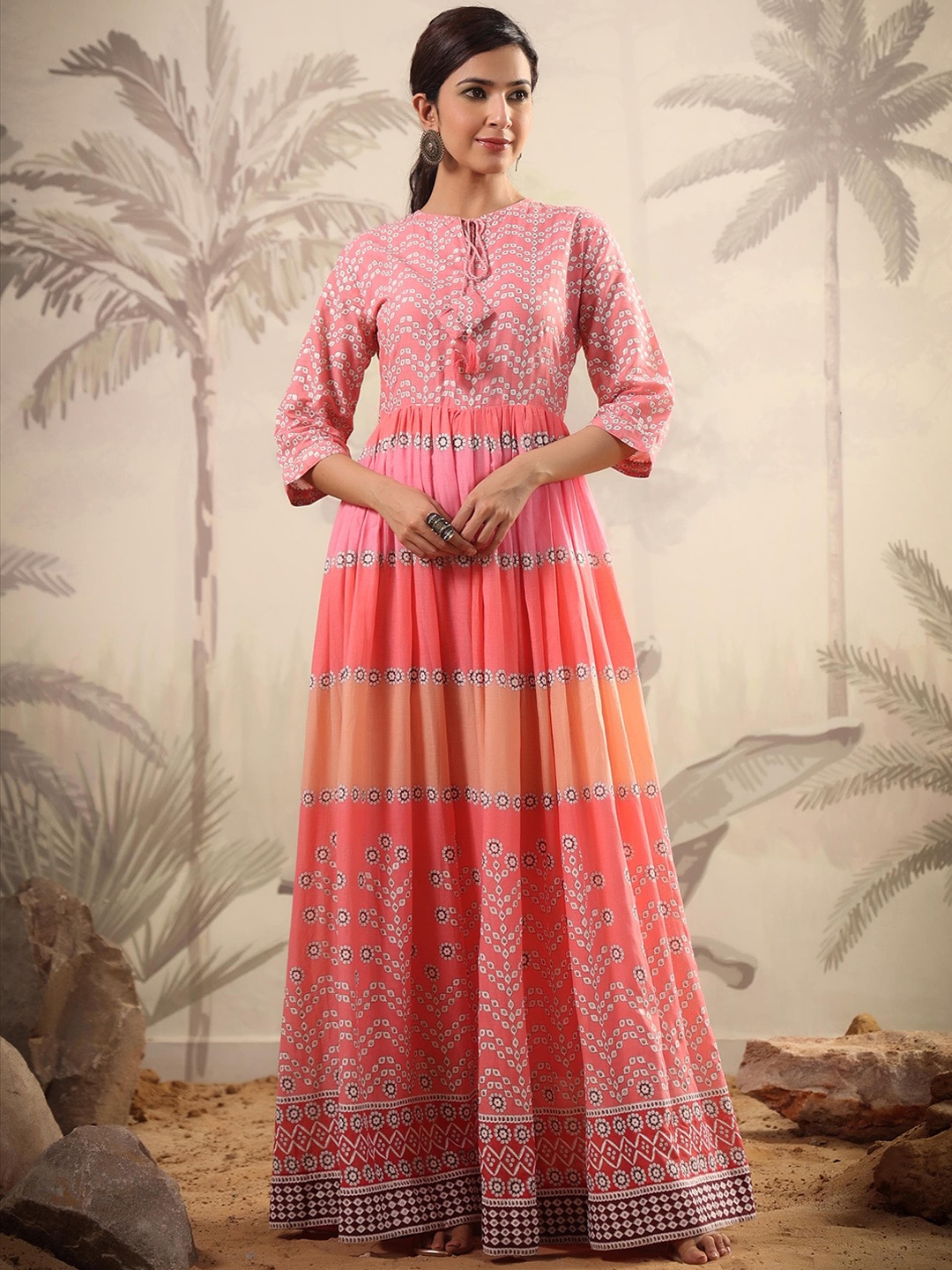 

SCAKHI Bandhani Printed Tie-Up Neck Tiering Fit & Flare Maxi Ethnic Dress, Pink
