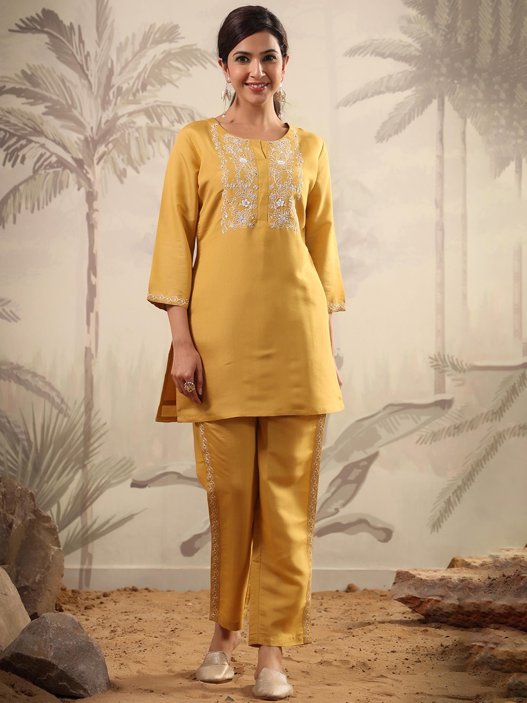 

SCAKHI Embroidered Chanderi Silk Tunic With Trousers, Mustard