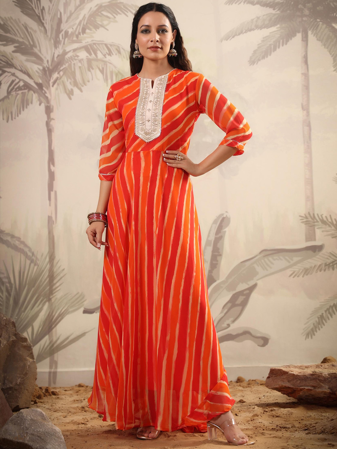 

SCAKHI Striped Embellished Fit and Flare Georgette Ethnic Dress, Orange