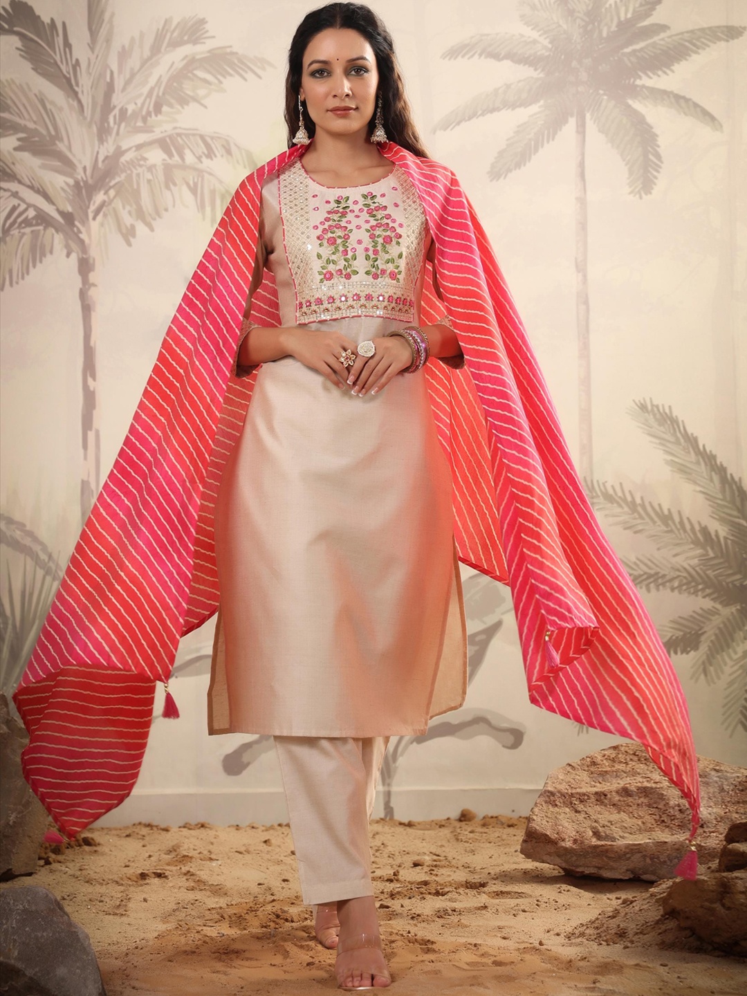 

SCAKHI Floral Yoke Design Thread Work Kurta with Trousers & With Dupatta, Beige