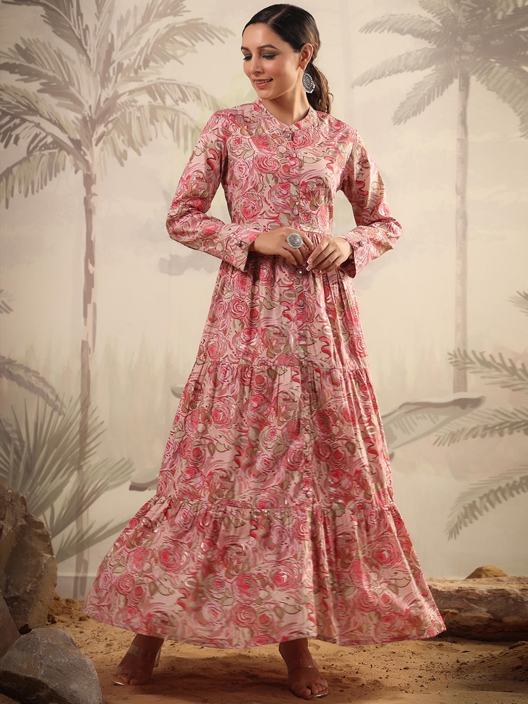

SCAKHI Floral Printed Cotton Fit & Flared Tiered Ethnic Dress, Pink