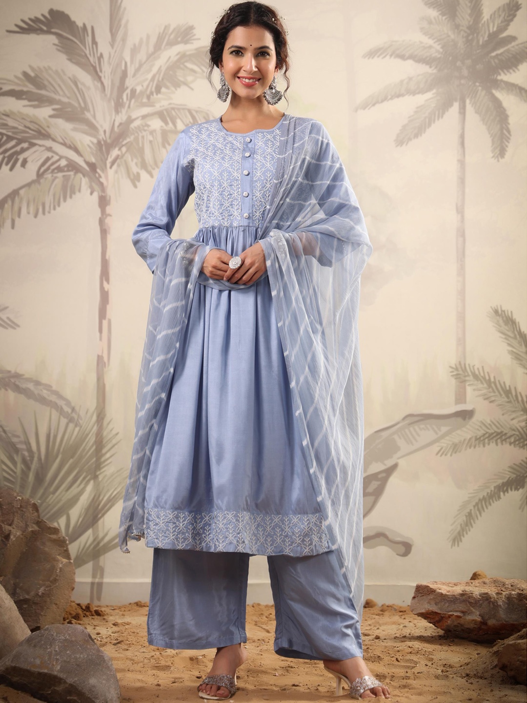 

SCAKHI Floral Embroidered Pleated Kurta with Palazzos & With Dupatta, Blue