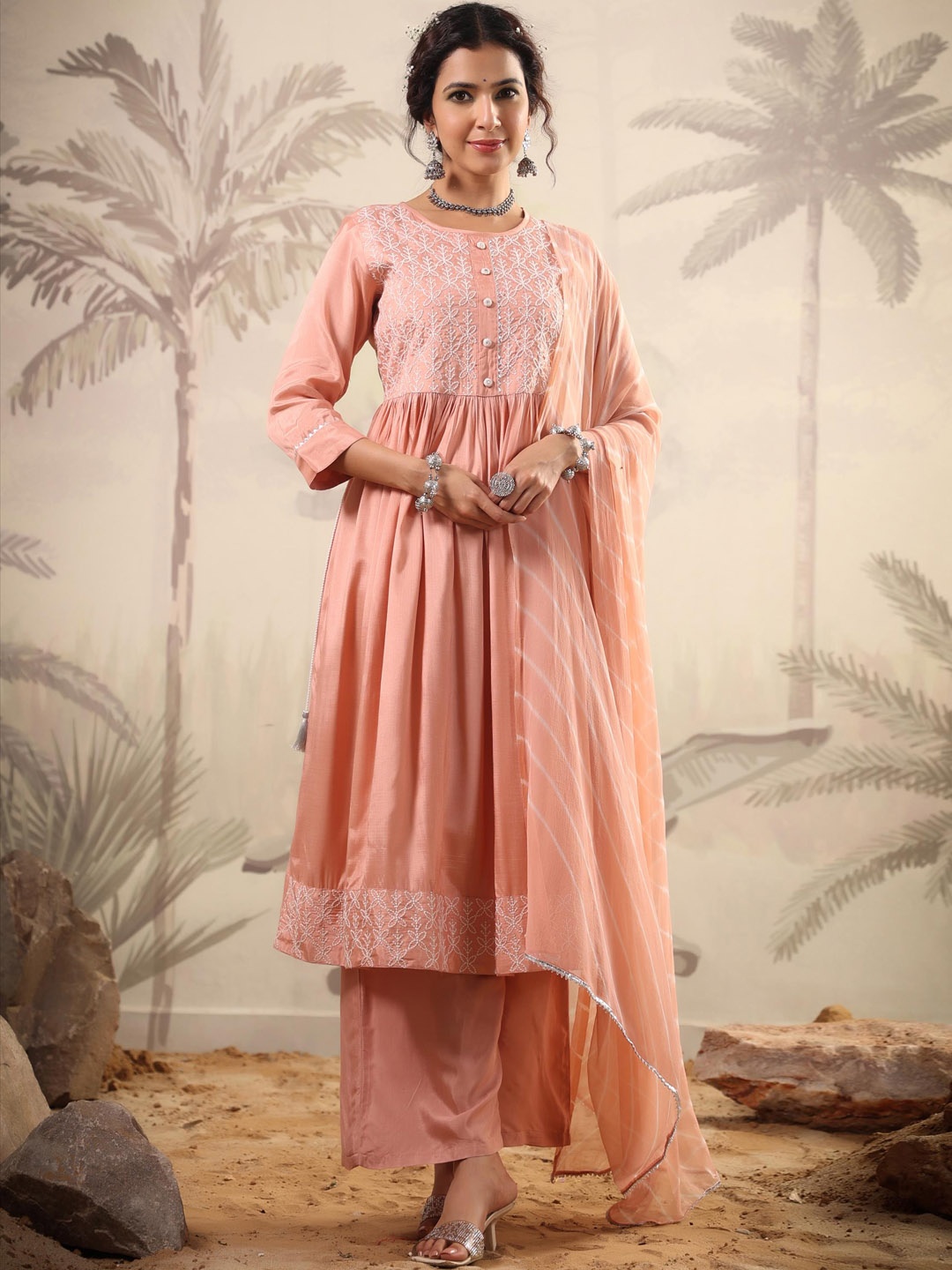 

SCAKHI Floral Embroidered Pleated Gotta Patti Kurta with Palazzos & Dupatta, Peach