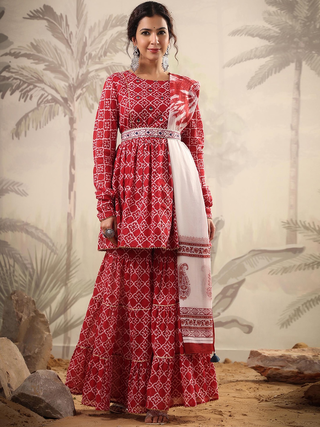 

SCAKHI Ethnic Motifs Printed Gotta Patti Pure Cotton Kurti with Sharara & With Dupatta, Red