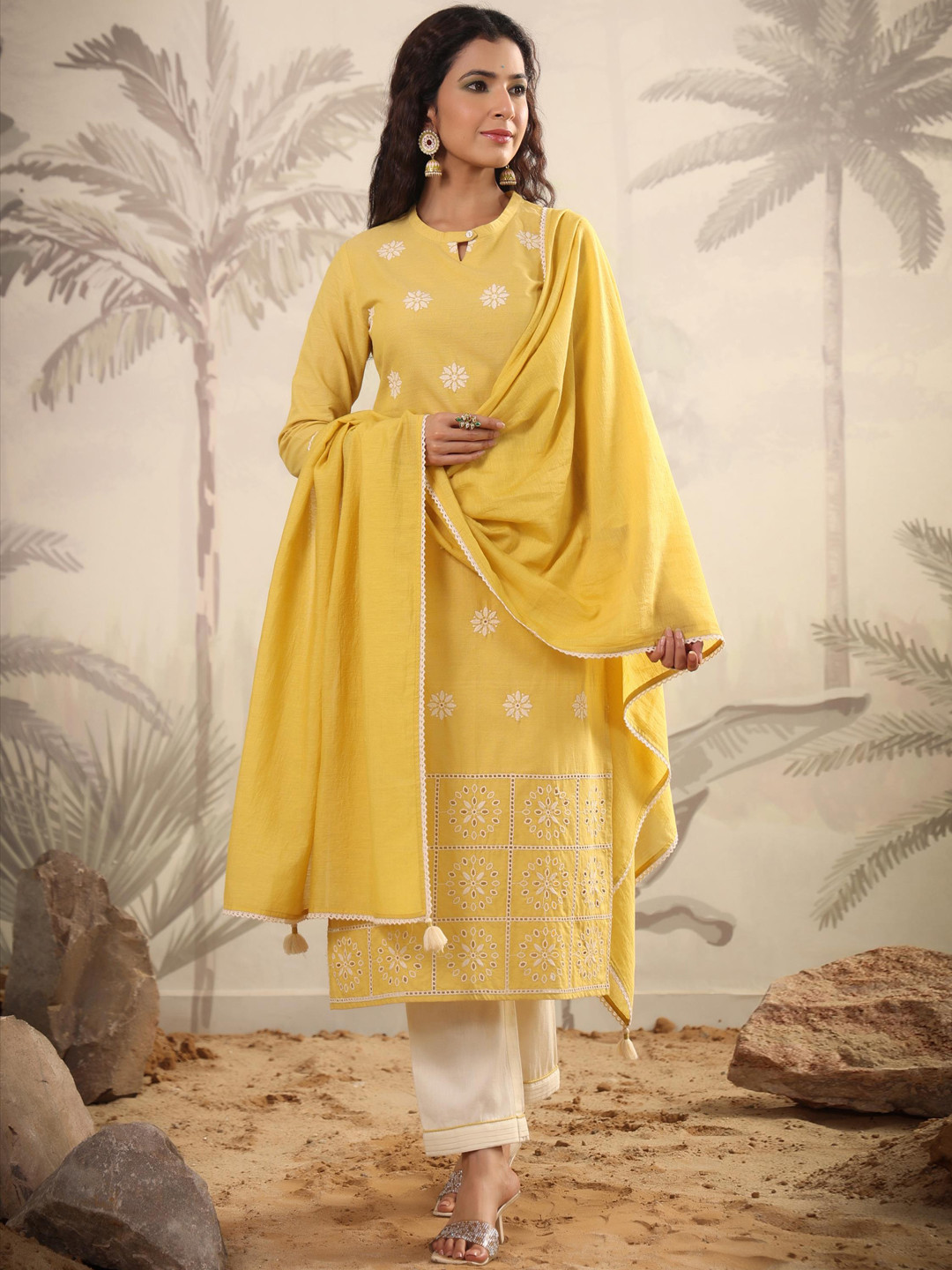 

SCAKHI Keyhole Neck Floral Embroidered Chikankari Kurta with Trousers & With Dupatta, Yellow