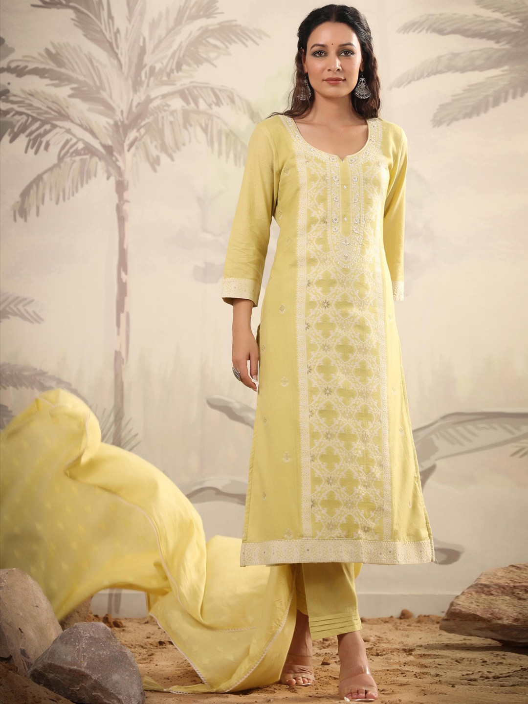 

SCAKHI Ethnic Motifs Printed Sequinned Pure Cotton Kurta with Trousers & With Dupatta, Yellow
