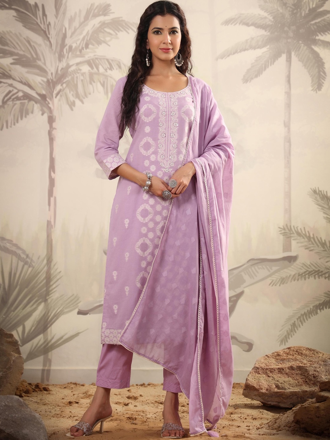 

SCAKHI Woven Design Regular Pure Cotton Kurta with Trousers & With Dupatta, Lavender