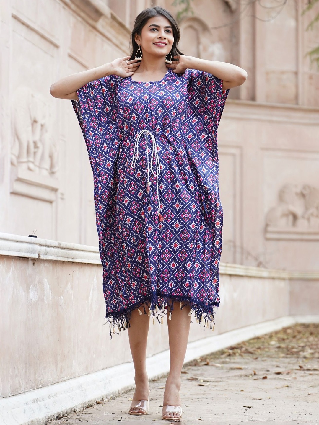 

Kesarya Ethnic Motif Printed Tie-Up Silk Kaftan Ethnic Dress, Blue