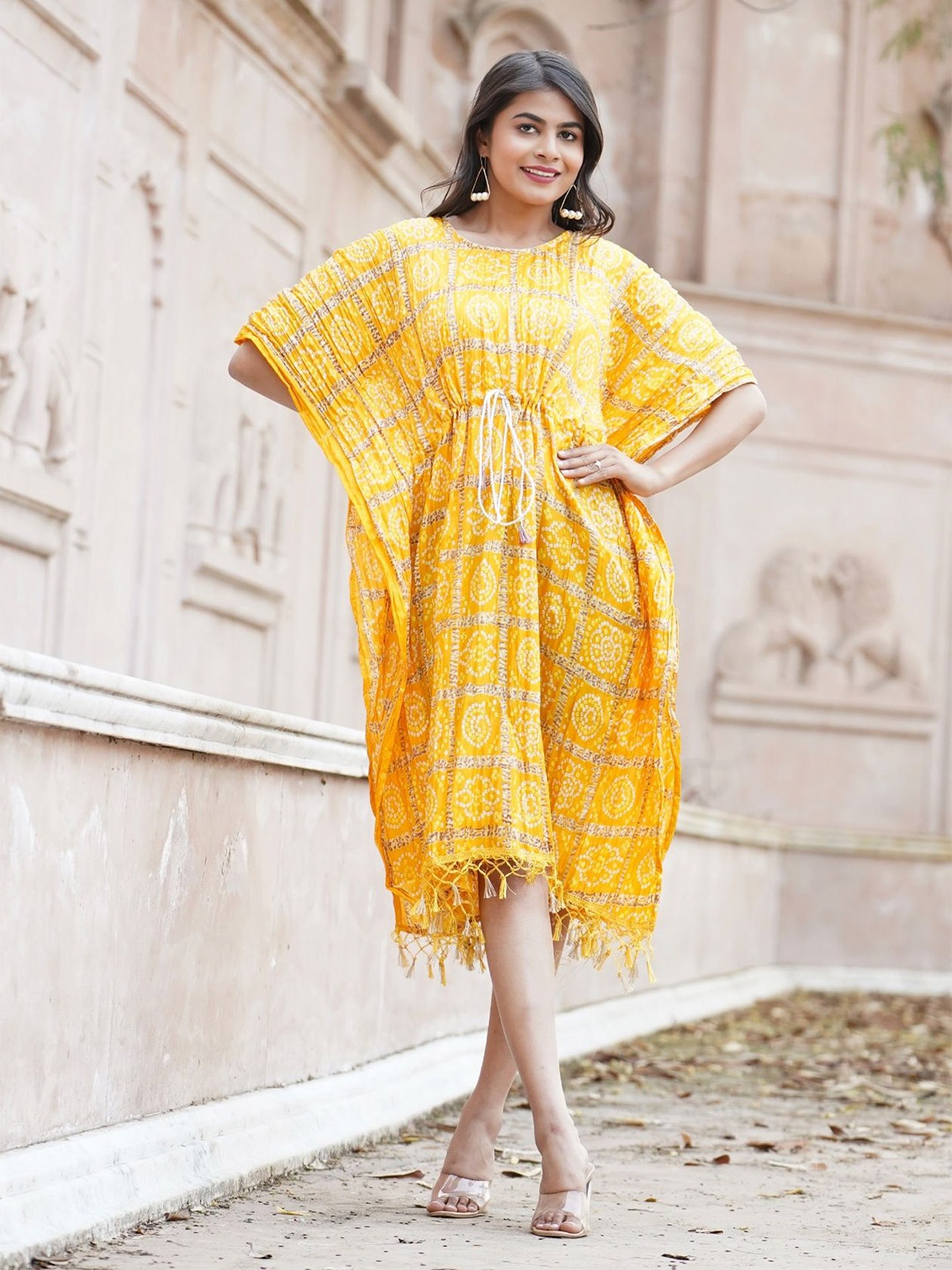 

Kesarya Print Kimono Sleeve A-Line Dress, Yellow