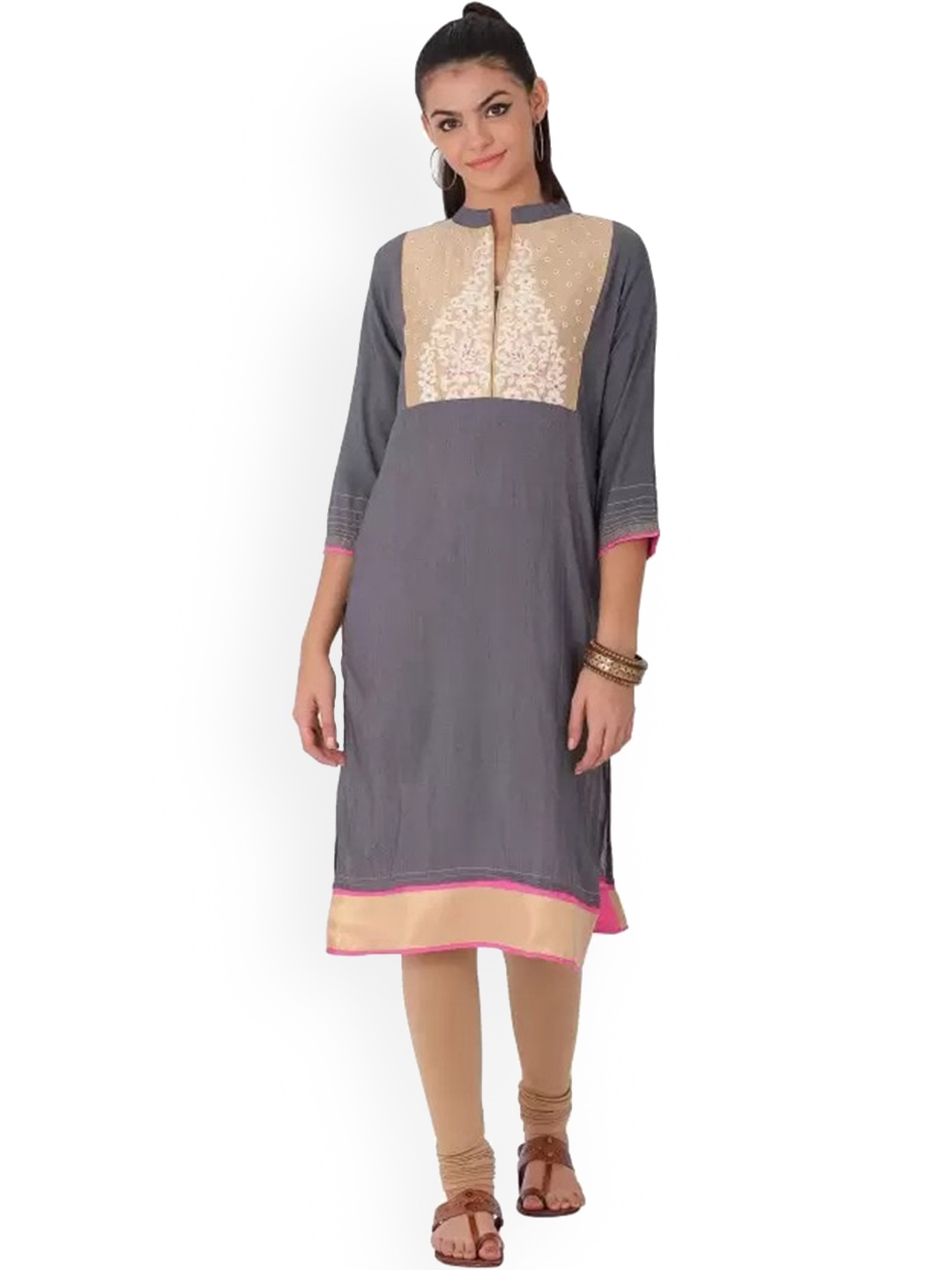 

Span Mandarin Collar Floral Yoke Design Thread Work Pure Cotton Kurta, Grey