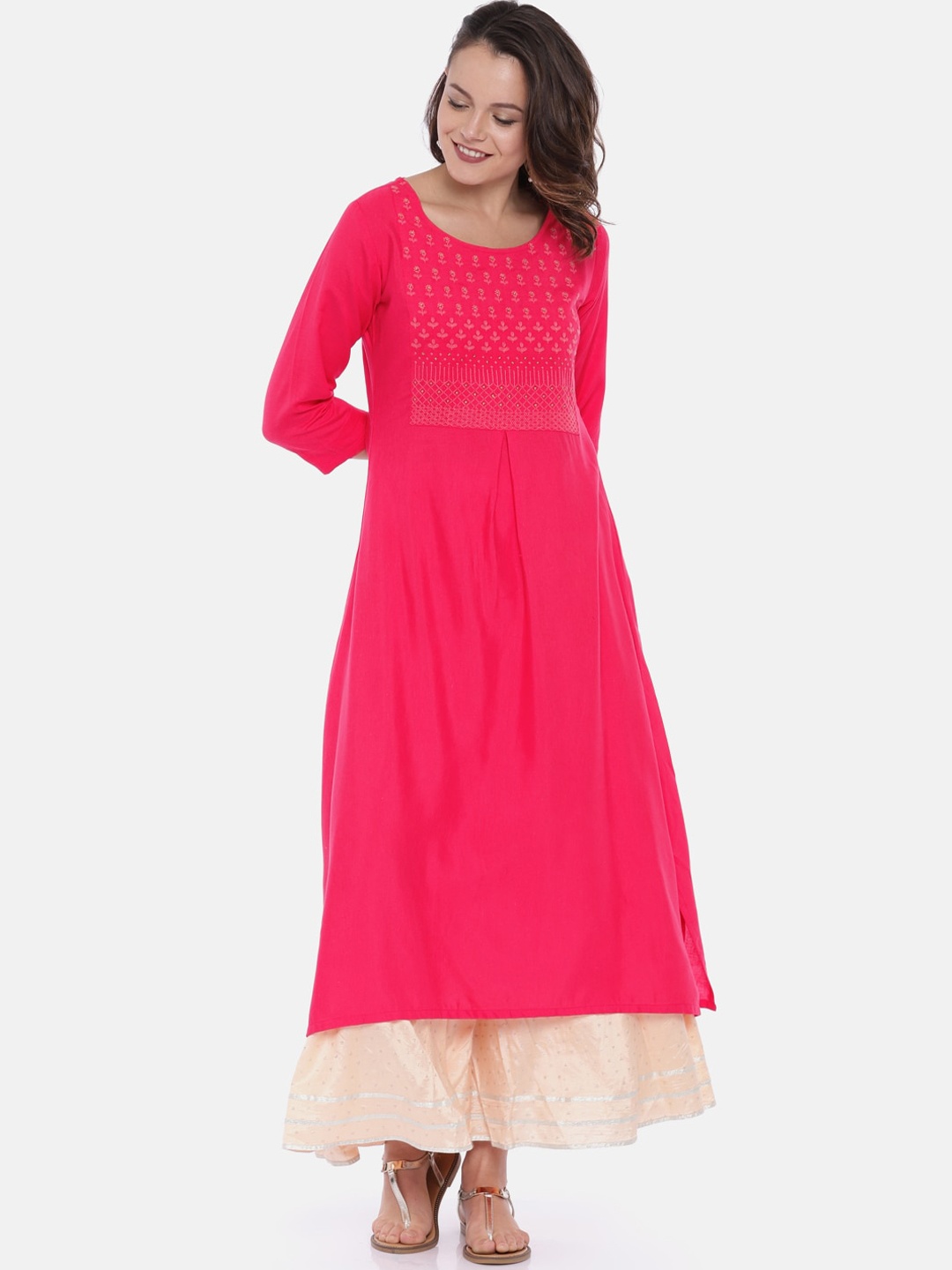 

Span Ethnic Motifs Yoke Design Thread Work Pure Cotton A-Line Kurta, Pink