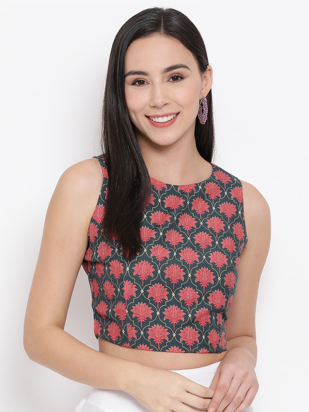 

Span Floral Printed Pure Cotton Crop Top, Green