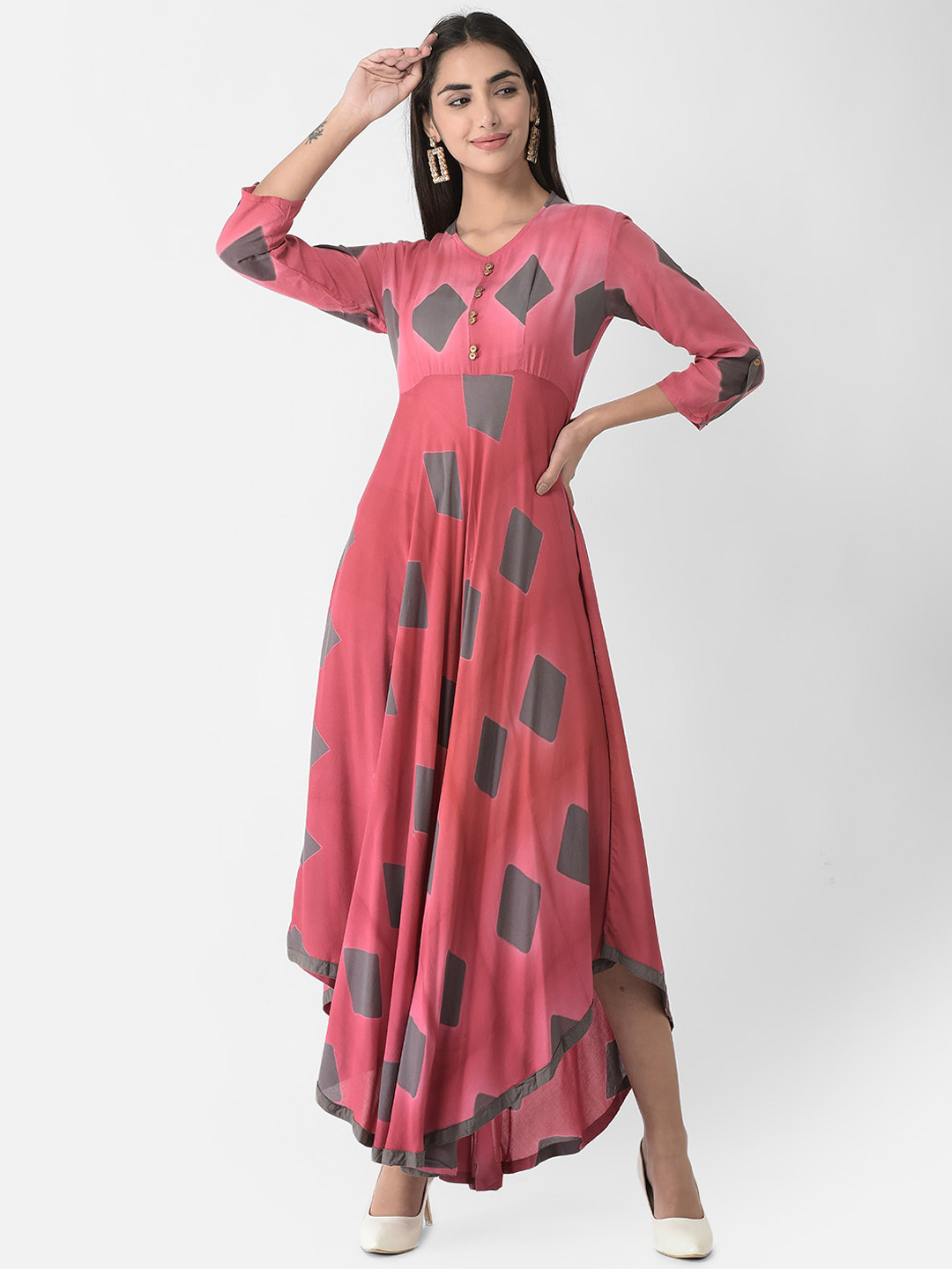 

Span Geometric Printed Asymmetric Hem Ethnic Dress, Peach