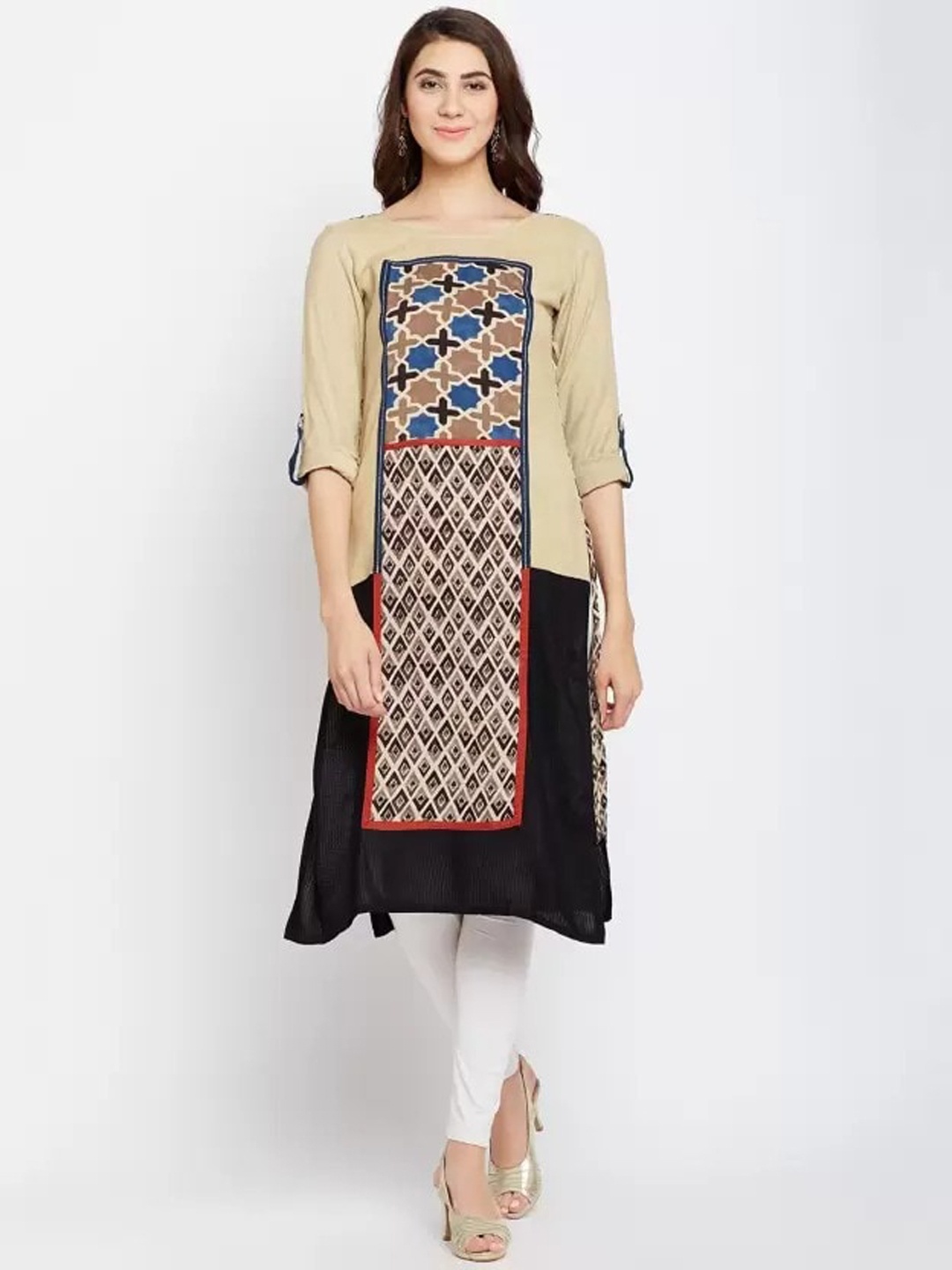 

Span Geometric Printed Roll Up Sleeves Straight Kurta, Beige