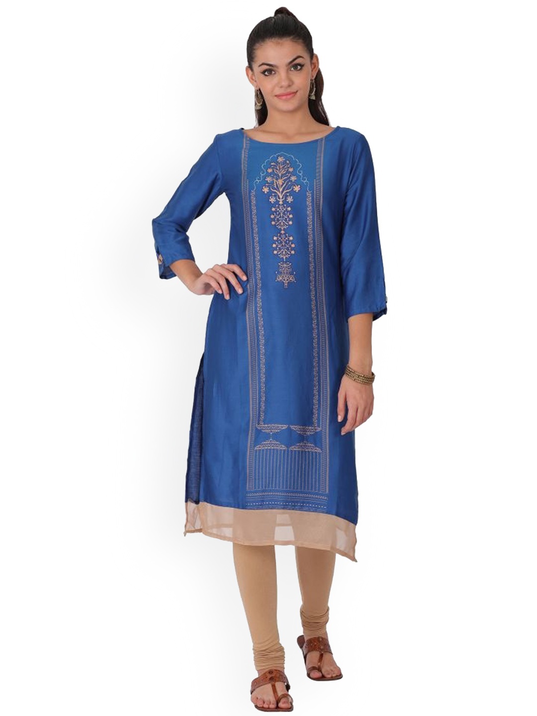 

Span Round Neck Floral Printed Straight Kurta, Blue