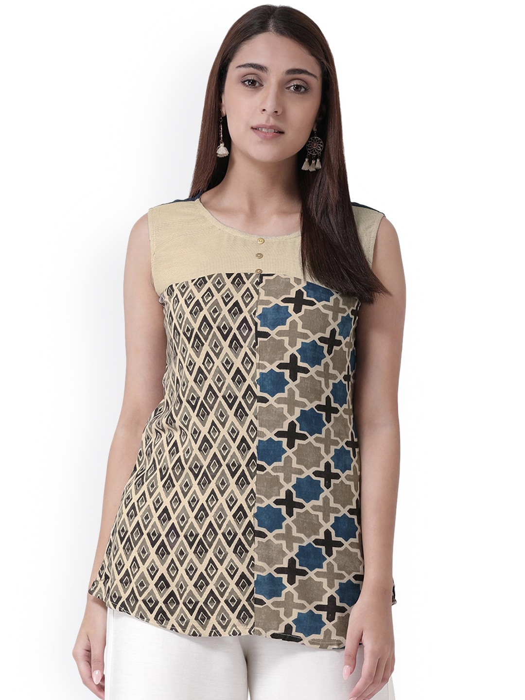 

Span Round Neck Geometric Printed Top, Beige