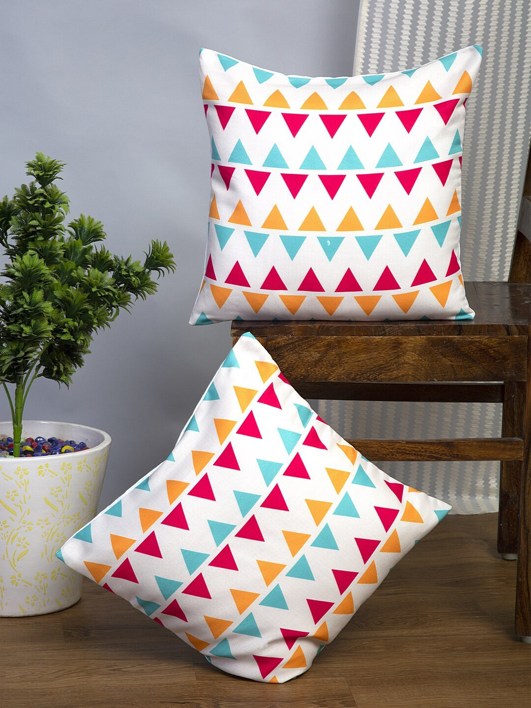 

Alina decor White & Blue 2 Pieces Geometric Square Cushion Covers