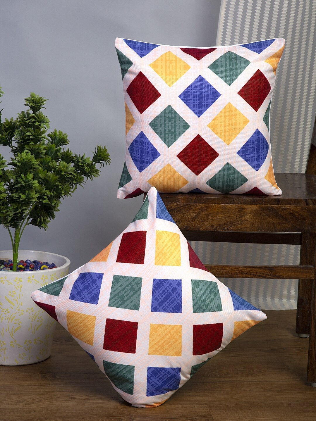 

Alina decor 2 Pieces White & Yellow Geometric Square Cushion Covers