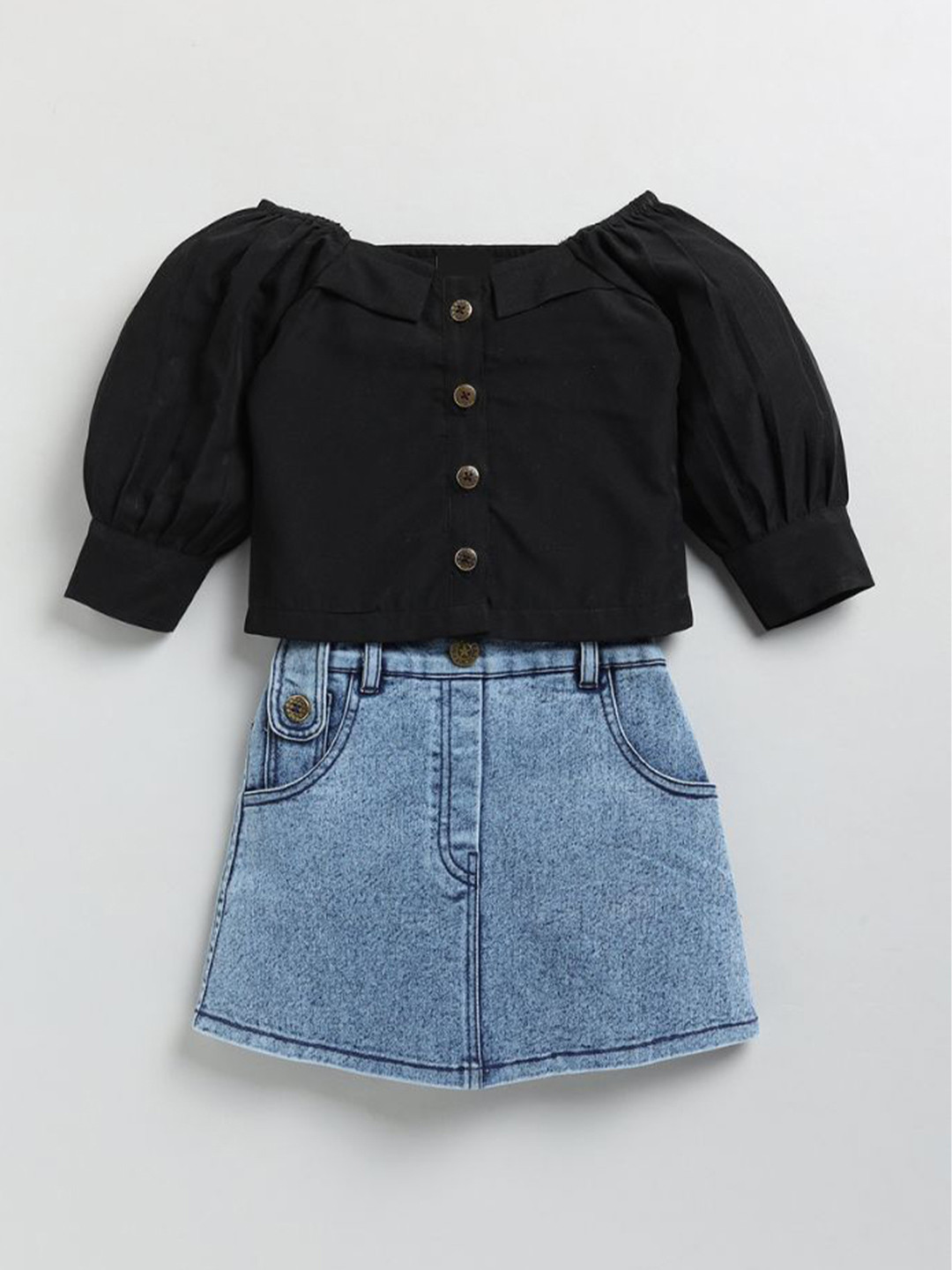 

Toonyport Girls Square Neck Puff Sleeves Top with Skirt, Black