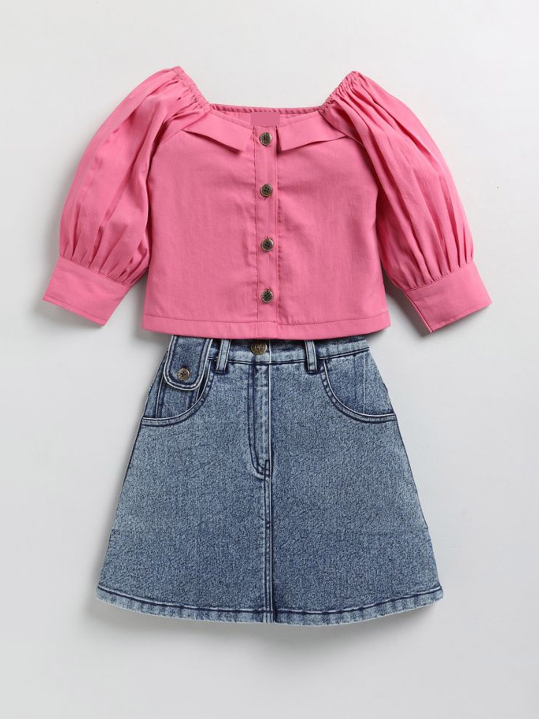 

Toonyport Girls Square Neck Puff Sleeves Top with Skirt, Pink