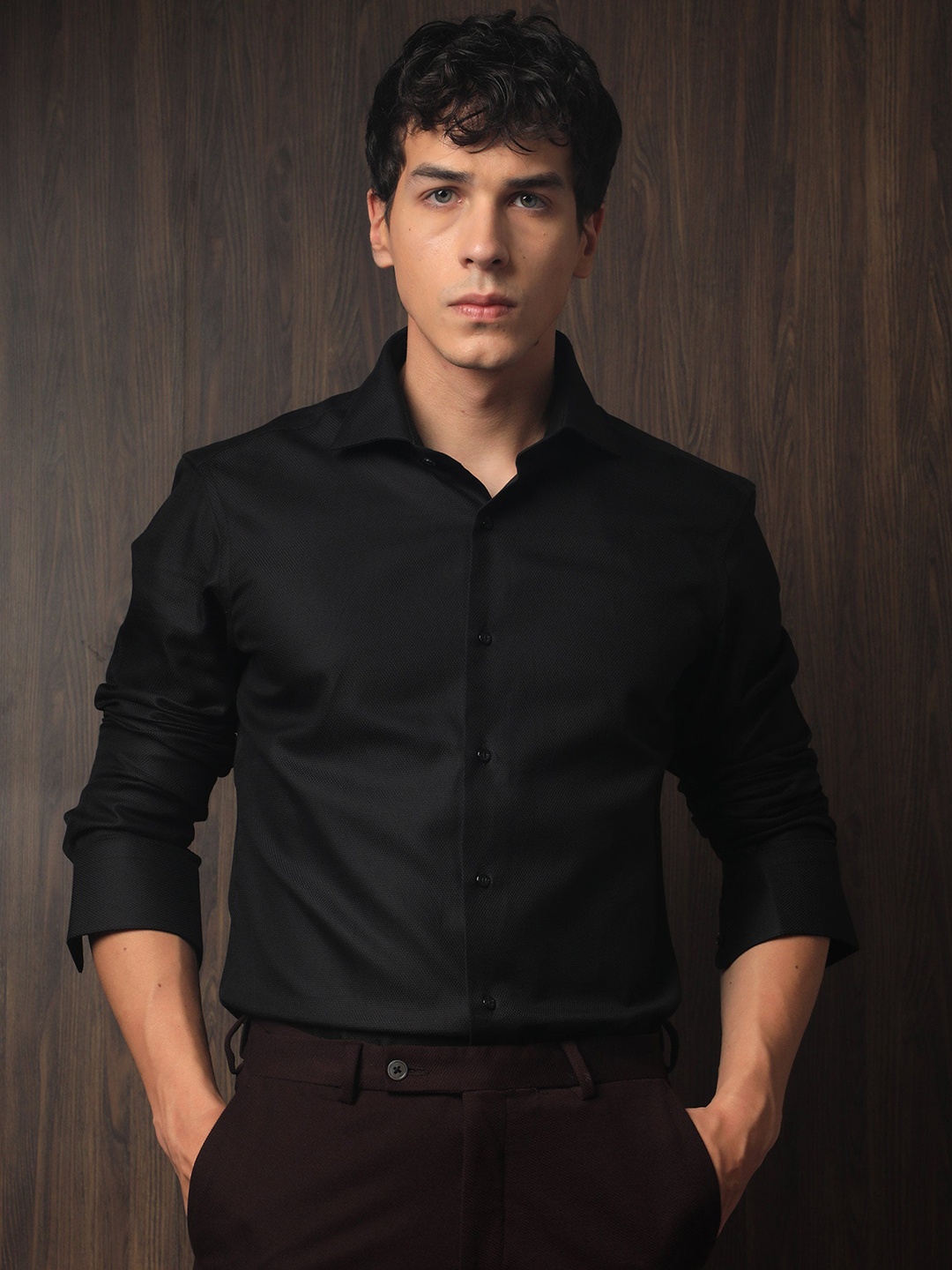 

RARE RABBIT Men Abella Slim Fit Spread Collar Cotton Shirt, Black