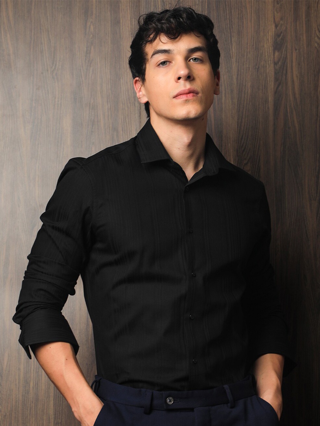 

RARE RABBIT Men Cesco Slim Fit Spread Collar Cotton Shirt, Black