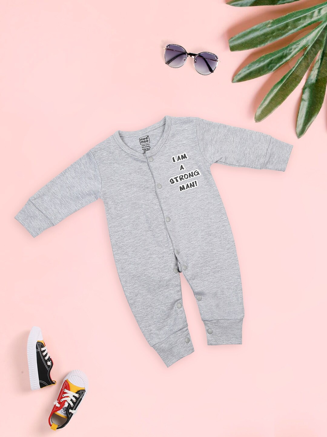 

MeeMee Infants Typography Printed Cotton Rompers, Grey