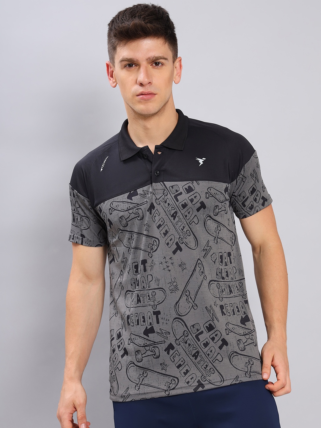 

Technosport Graphic Printed Polo Collar Slim Fit T-shirt, Charcoal