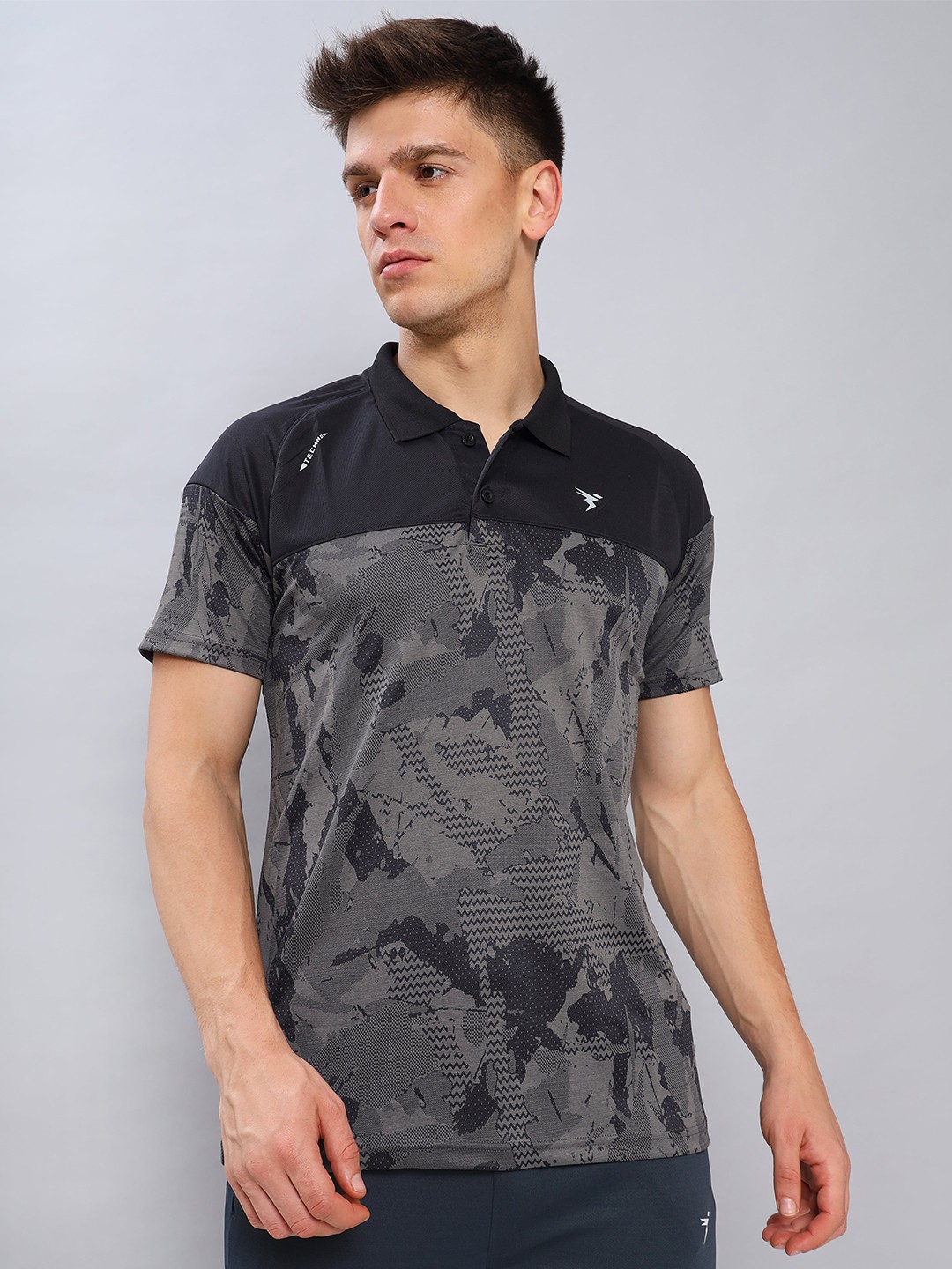 

Technosport Abstract Printed Polo Collar Slim Fit T-shirt, Grey melange