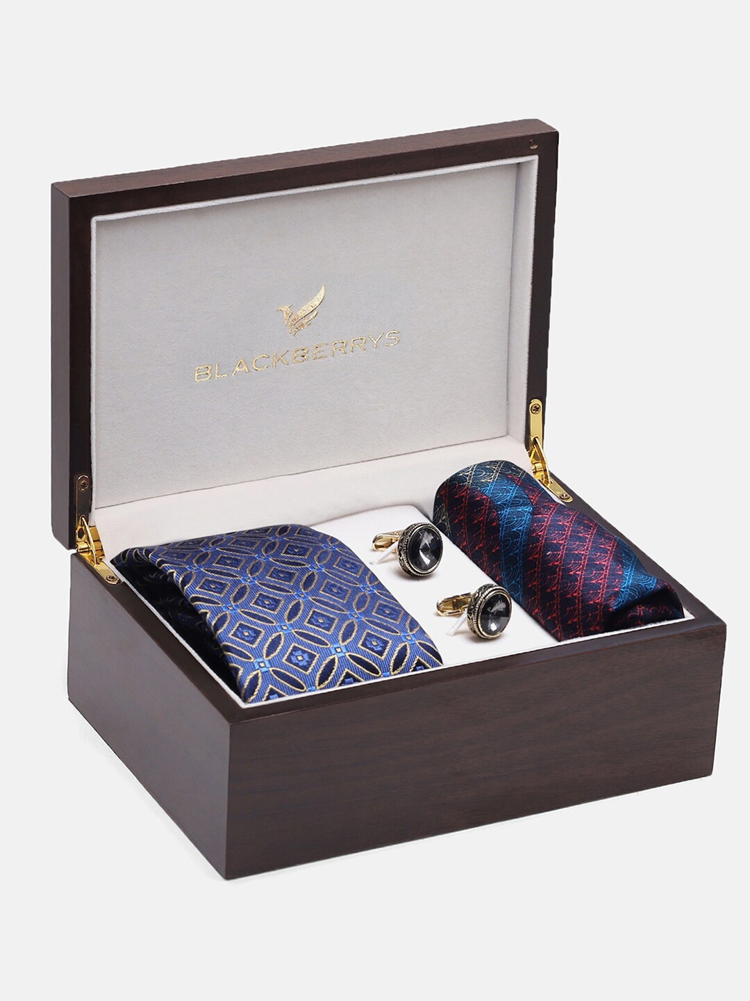 

Blackberrys Geometric Printed Silk Formal Broad Tie With Cuff Links & Pocket Square, Navy blue