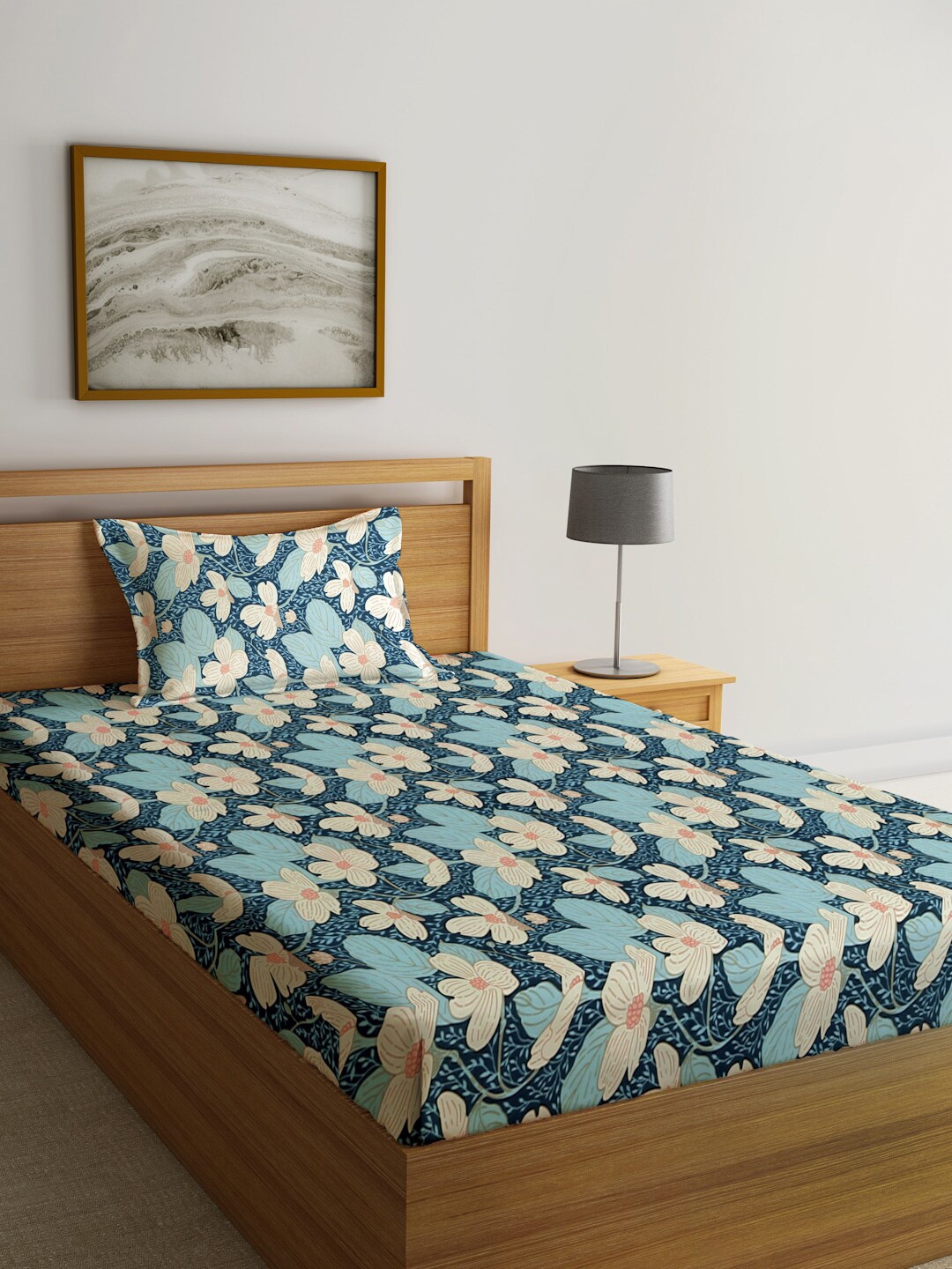 KLOTTHE Blue & Brown Printed 300 TC Single Bedsheet & 1 Pillow Cover