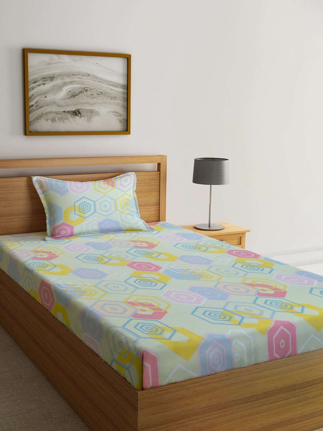 KLOTTHE Blue & Pink Geometric Printed 300 TC Single Bedsheet With Pillow Cover